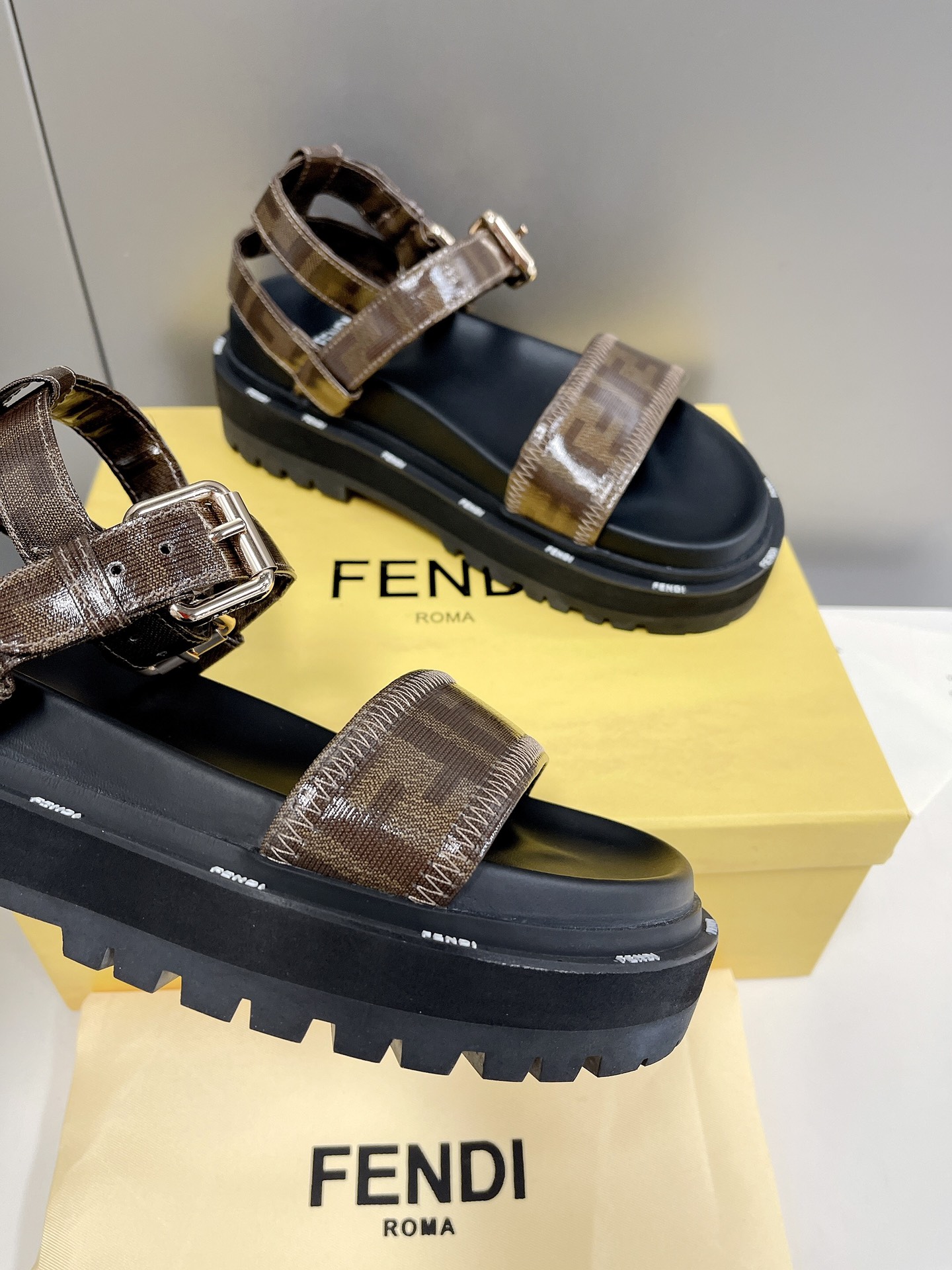 Fendi Brown FF Jacquard Sandals For Women - Soul Replicas