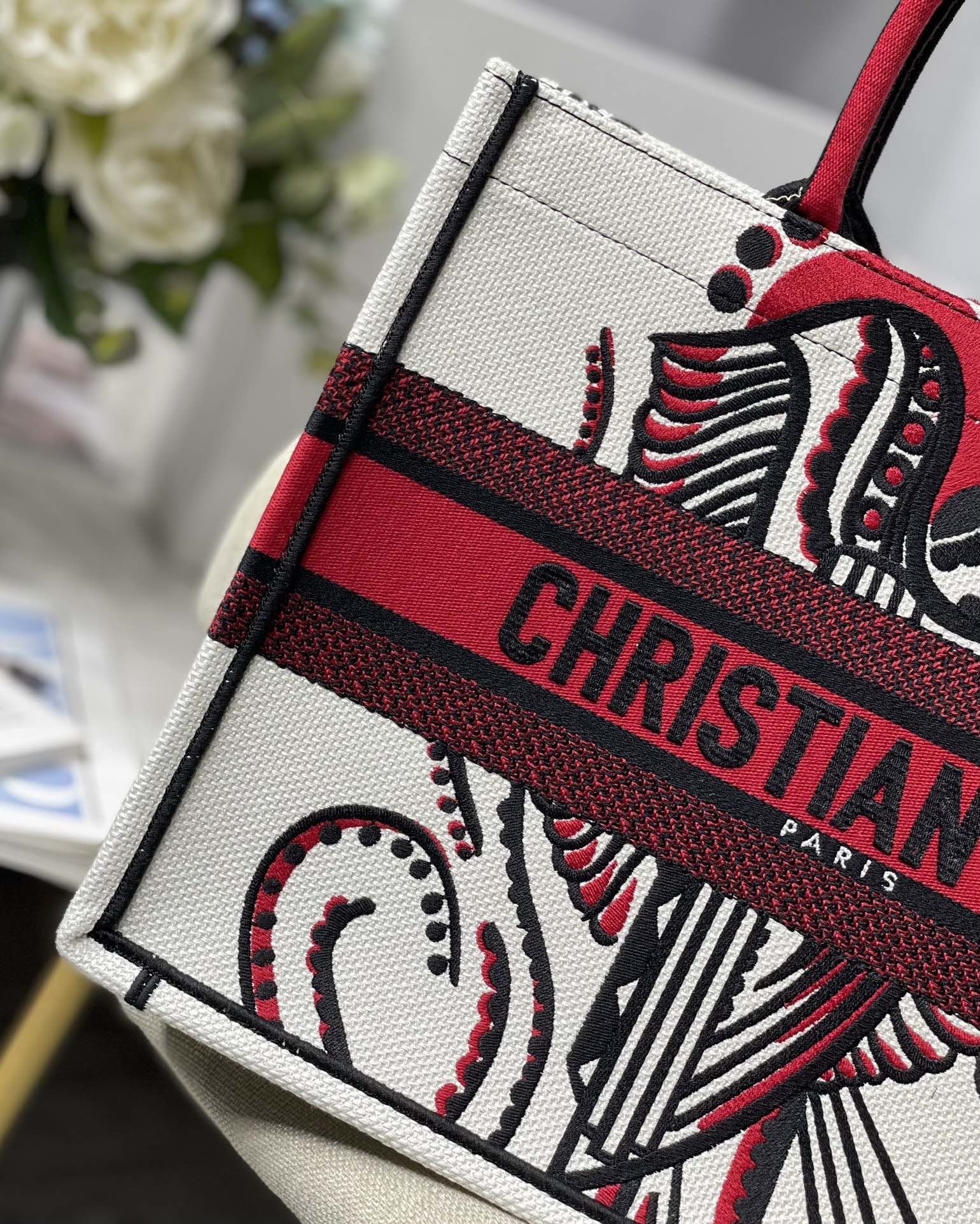 Christian Dior Medium Dior Book Tote Latte Multicolor Cupidon Embroidery. Red/White. For Women Women's Handbags. 41cm CD M1296ZTQG_M941 - Soul Replicas