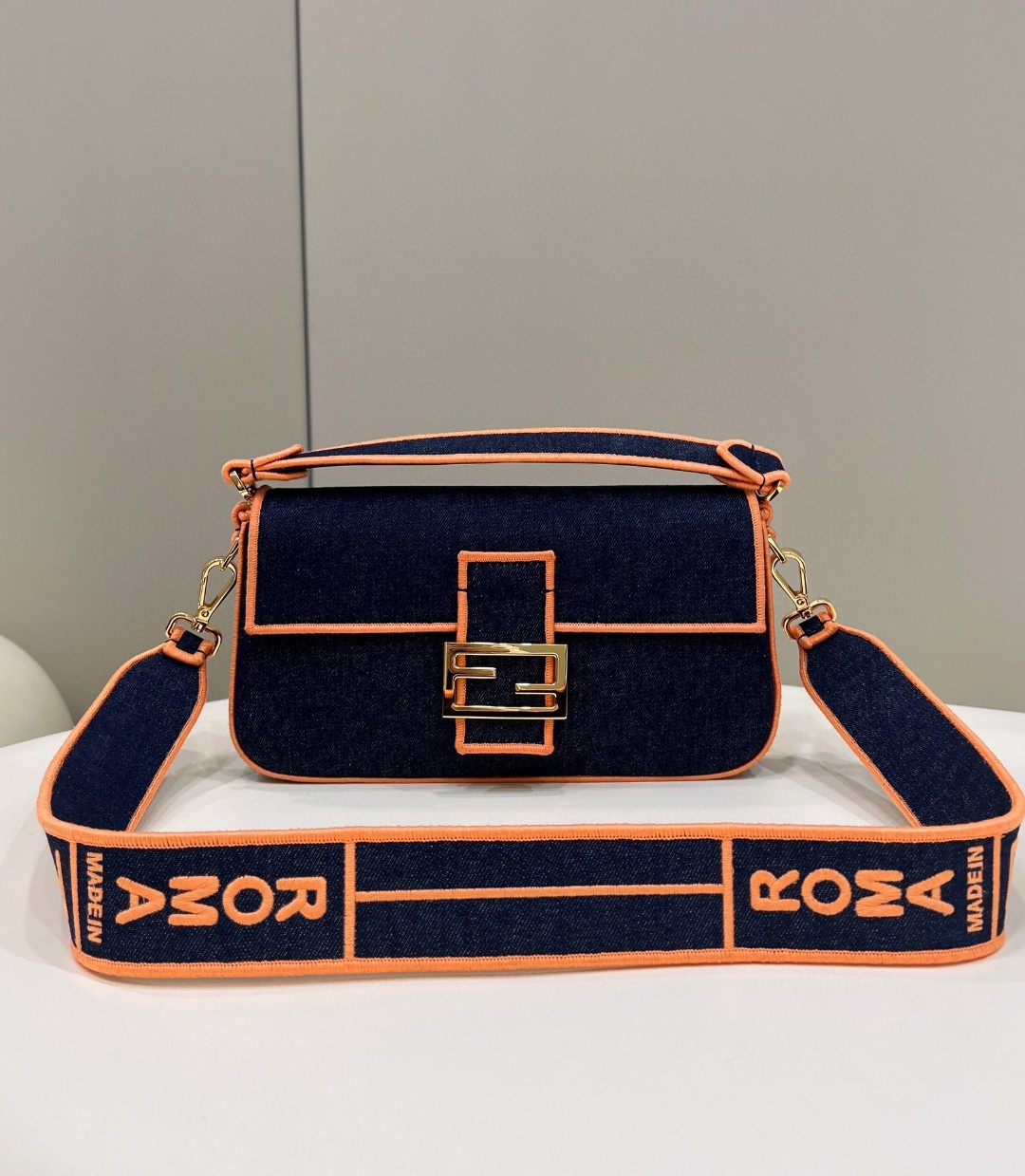 Fendi Baguette Blue Denim Orange Border Bag For Woman 26cm/10in - Soul Replicas