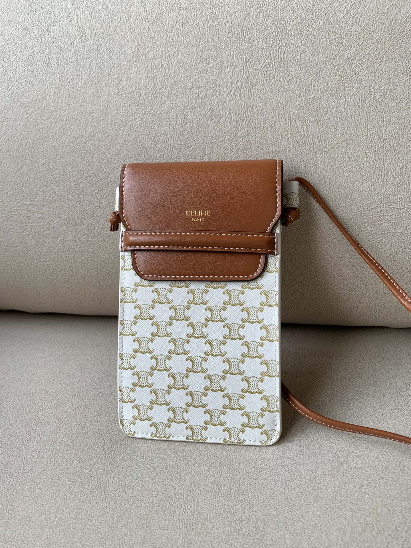 Celine Phone Pouch With Flap In Triomphe Canvas And Lambskin White/Tan For Women 7in/18cm 10G332CQD.01TA - Soul Replicas
