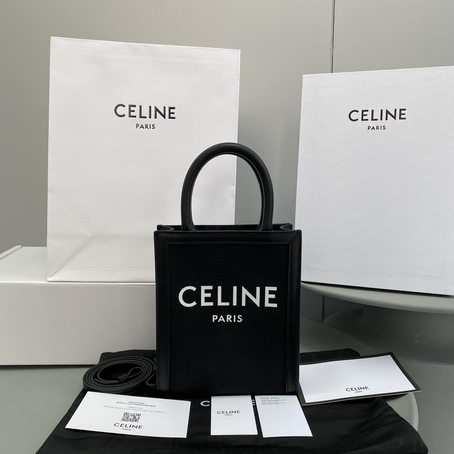 Celine Mini Vertical Cabas Celine In Textile With Celine Print Black For Women 8in/20cm  - Soul Replicas