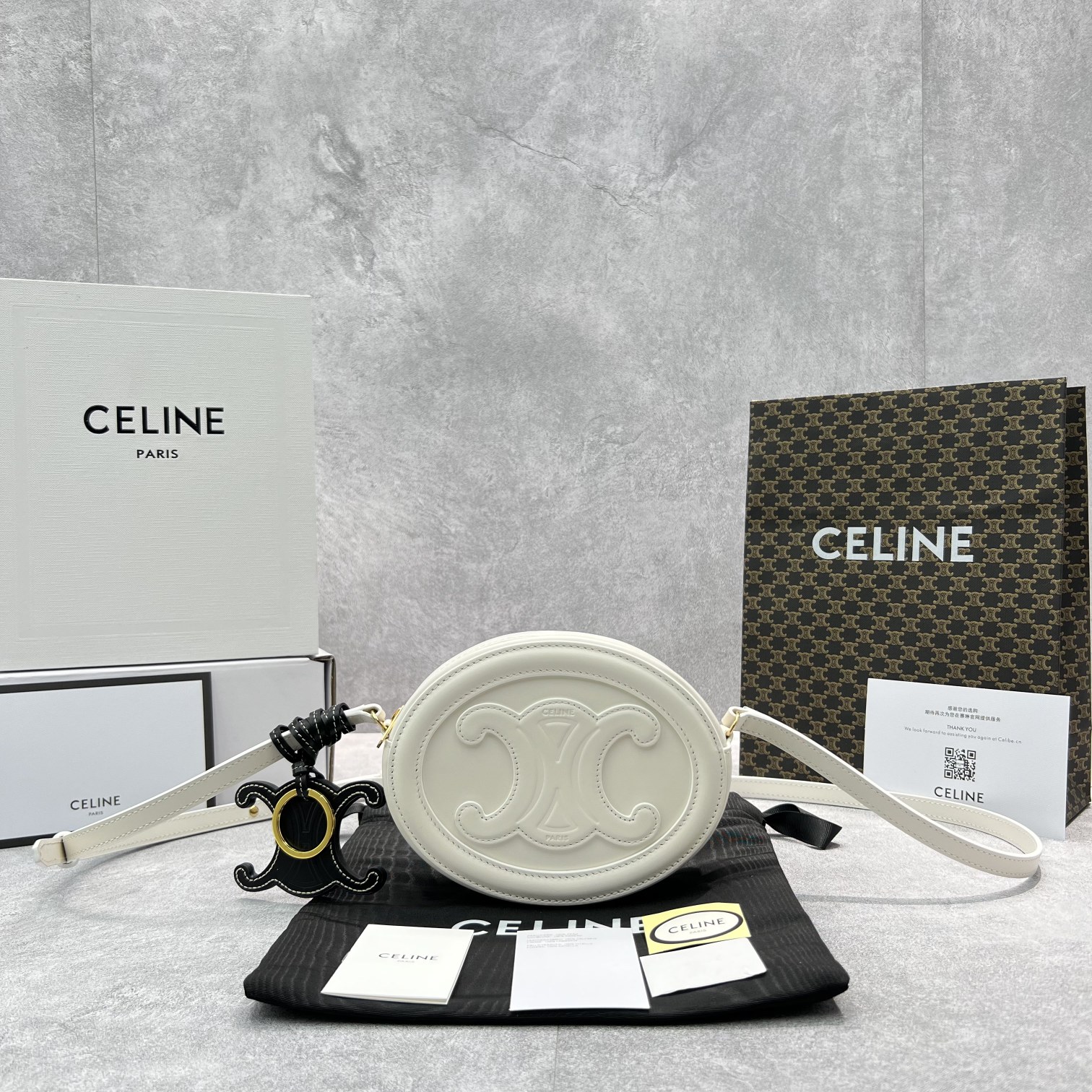 Celine Crossbody Oval Purse Cuir Triomphe White For Women 6in/16cm - Soul Replicas