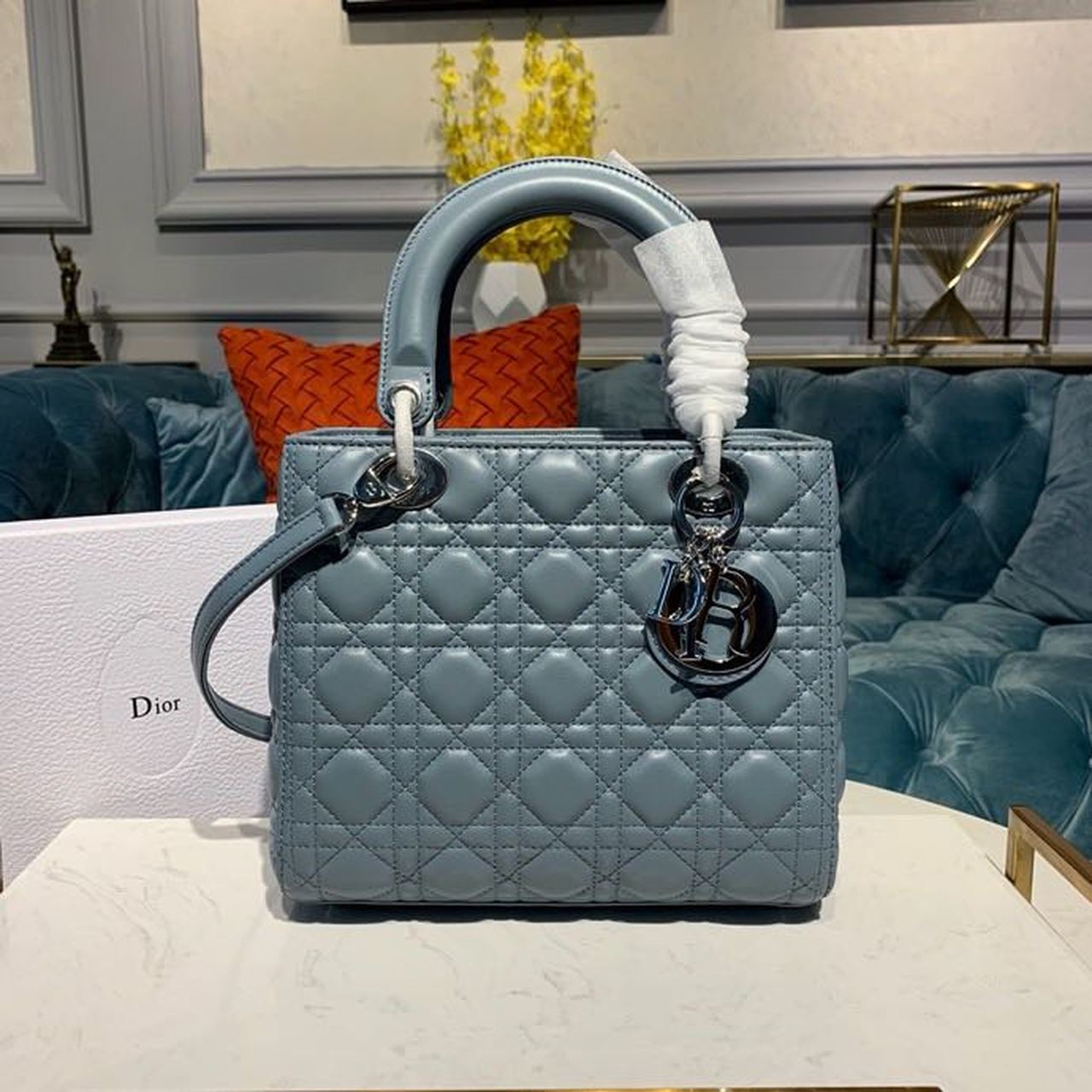 Christian Dior Medium Lady Dior Bag Silver Hardware Cloud Blue For Women 9.5in/24cm CD - Soul Replicas