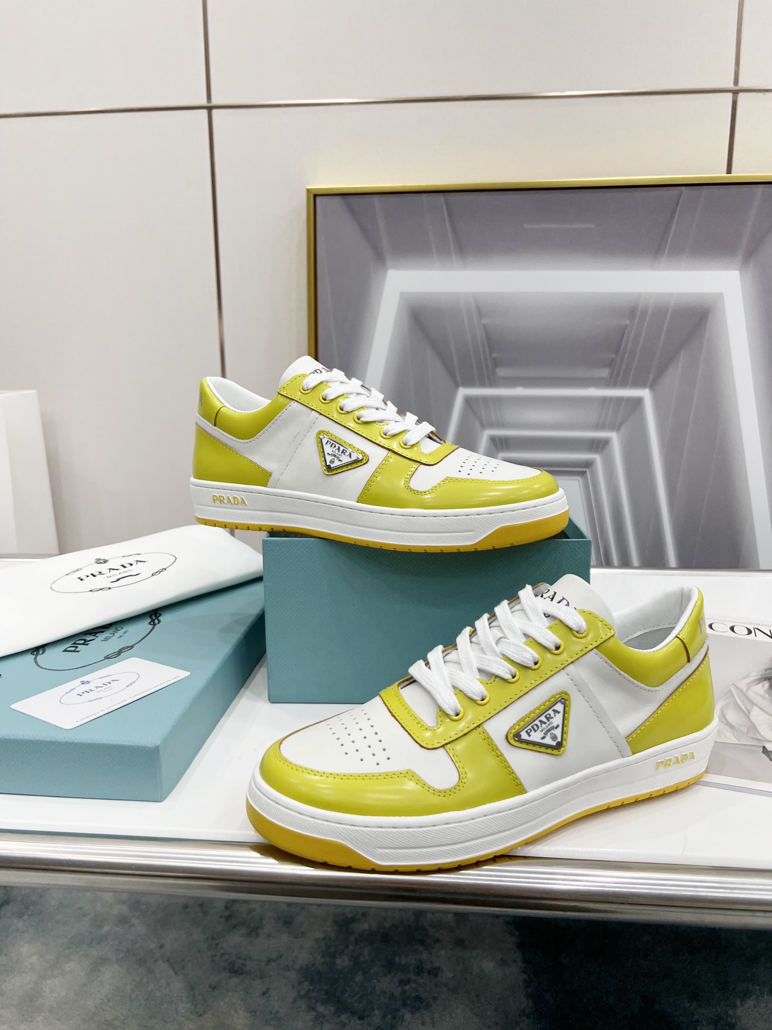 Prada Downtown Perforated Sneakers Yellow/White For Women 1.2in/30mm Prada 2EE364_3LKG_F0A7U - Soul Replicas