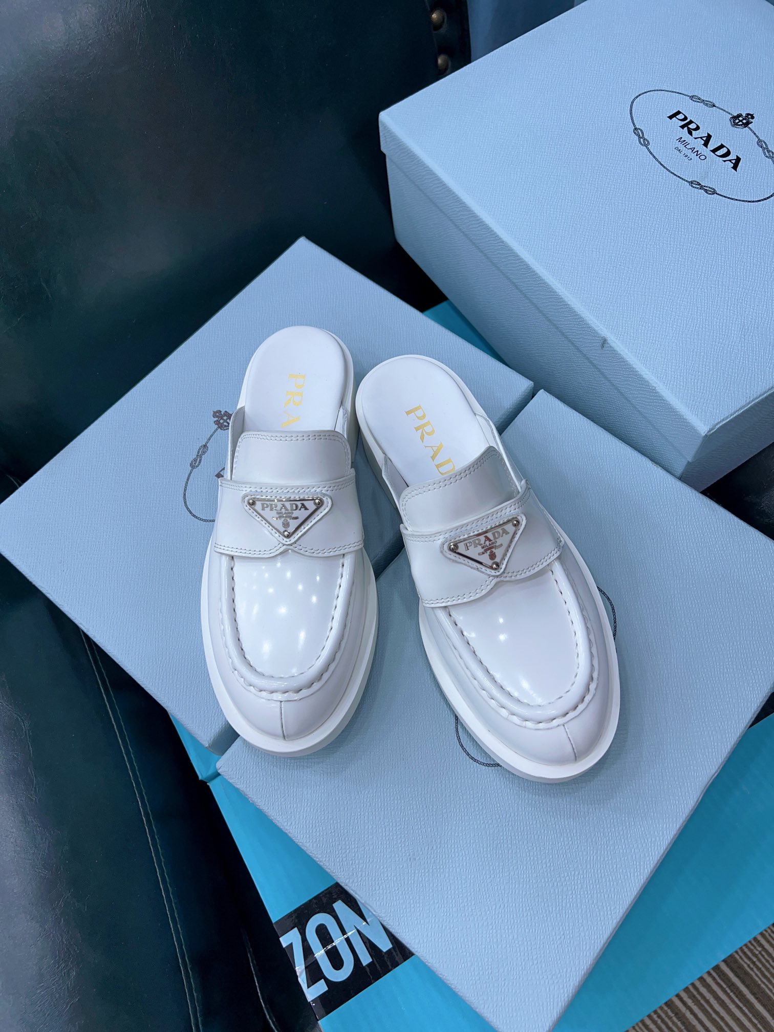 Prada Chocolate Brushed Mules White For Women 1.6in/40mm Prada 1D652M_055_F0009_F_040 - Soul Replicas