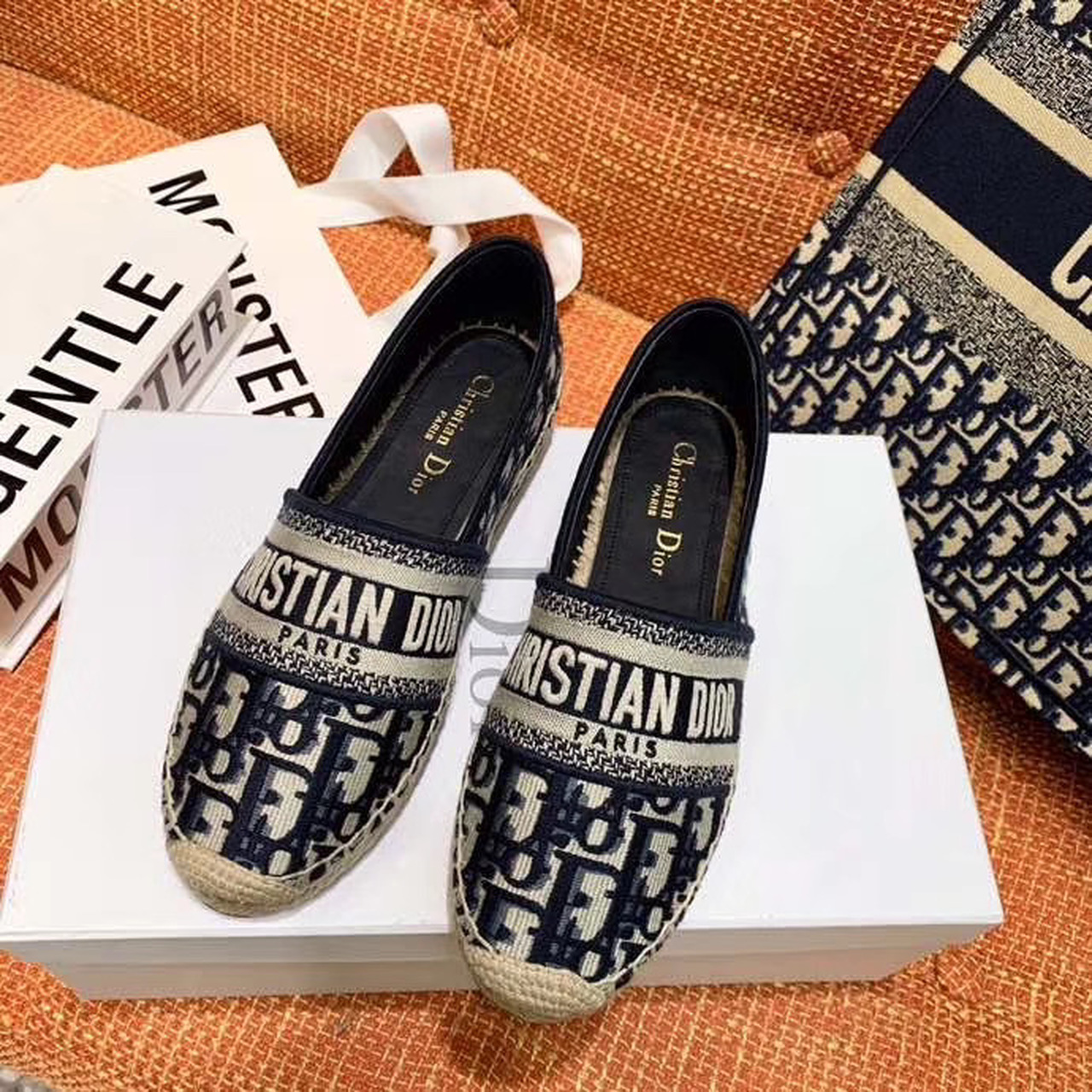 Christian Dior Granville Espadrille Dark Blue Dior Oblique Embroidered Cotton Black For Women CD - Soul Replicas