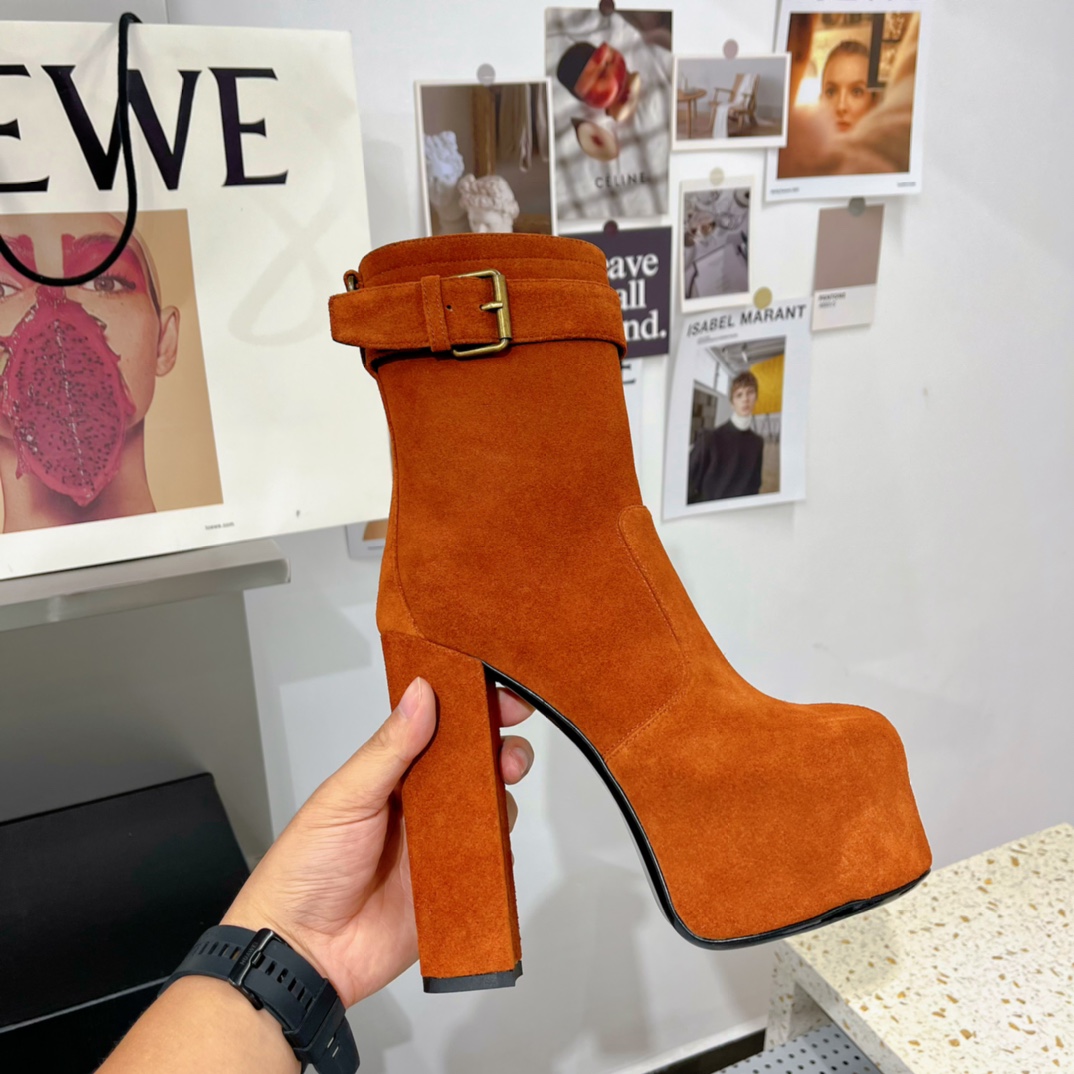 Yves Saint Laurent Women's Cherry Buckle Platform Booties Orange For Women YSL - Soul Replicas