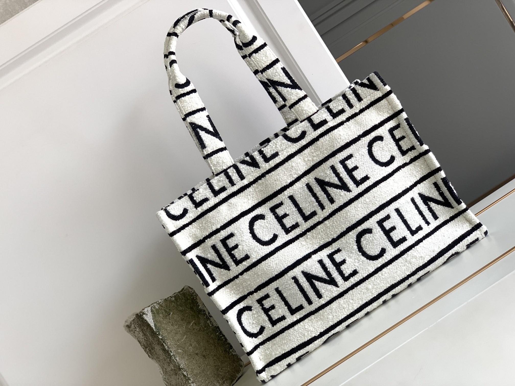 Celine Large Cabas Thais In Textile With Celine All-Over White / Black For Women 16in/41cm - Soul Replicas