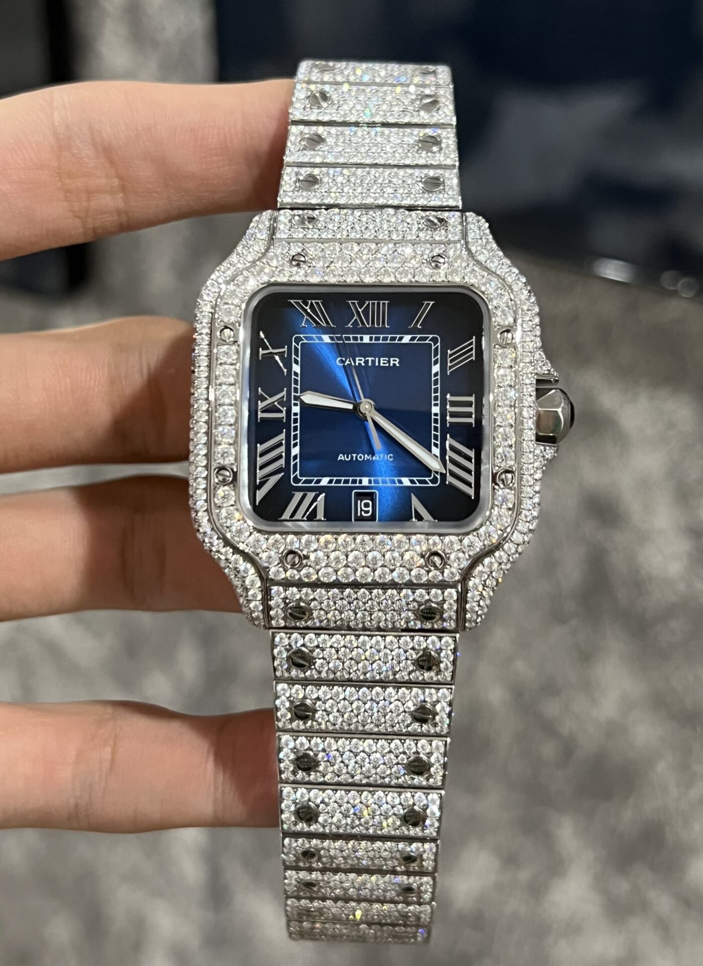 Cartier Santos Best Replica Watch Custom Moissanite Diamonds Blue Dial 39.8mm - Soul Replicas