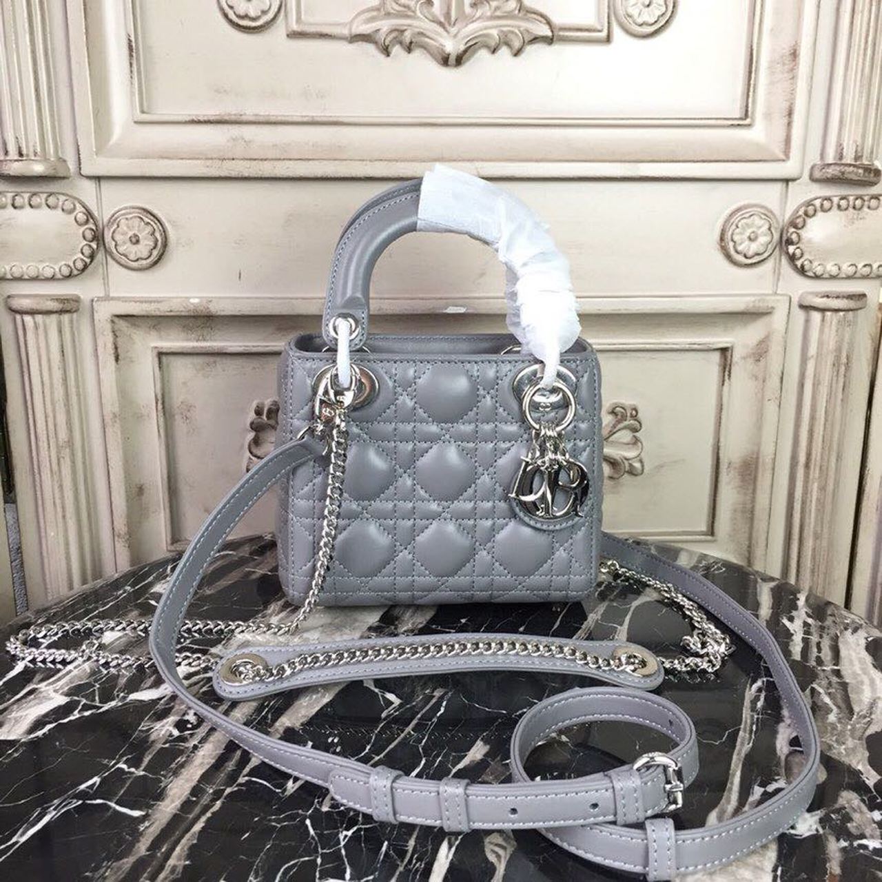 Christian Dior Mini Lady Dior Bag 18cm with Chain Silver Hardware Lambskin Grey For Women 6.5in/17cm CD - Soul Replicas