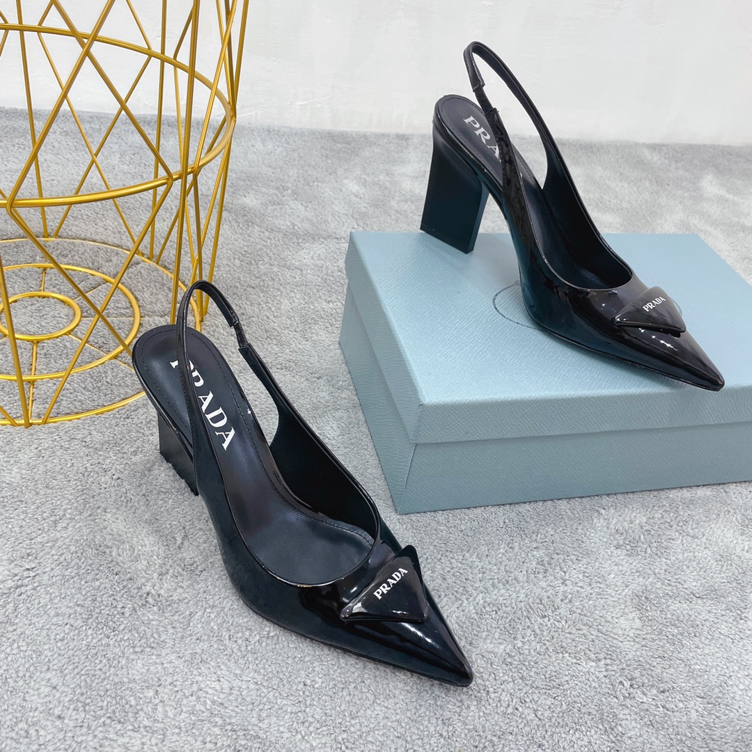 Prada Patent Sling-Back Pumps Black For Women 3.5in/90mm Prada - Soul Replicas
