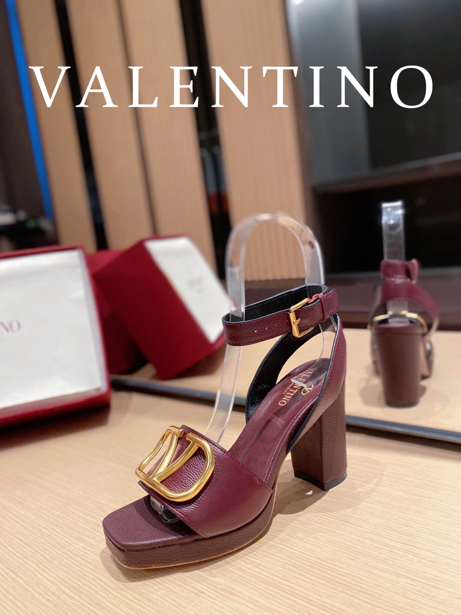 Valentino Garavani Strap Heeled Sandals With V Logo Signature Embellishment Red Plum For Women - Soul Replicas