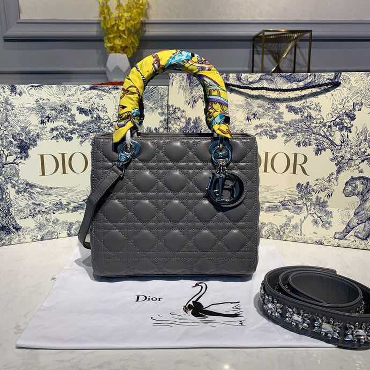 Christian Dior Medium Lady Dior Bag Silver Hardware with Embellished Bag Strap Dark Grey For Women 9.5in/24cm CD - Soul Replicas