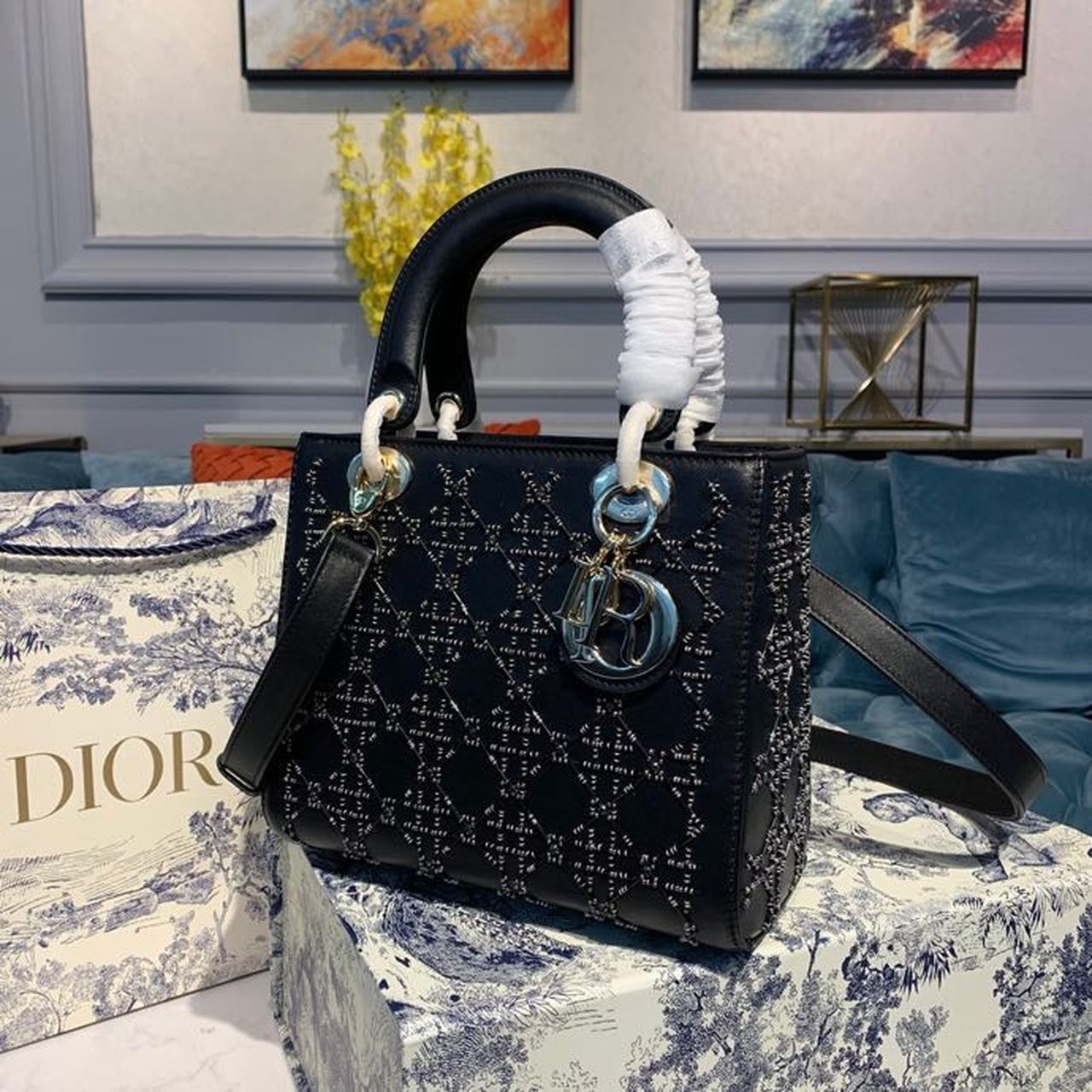 Christian Dior Medium Lady Dior Bag Gold Toned Hardware Embroidered Black 24cm/9in CD - Soul Replicas