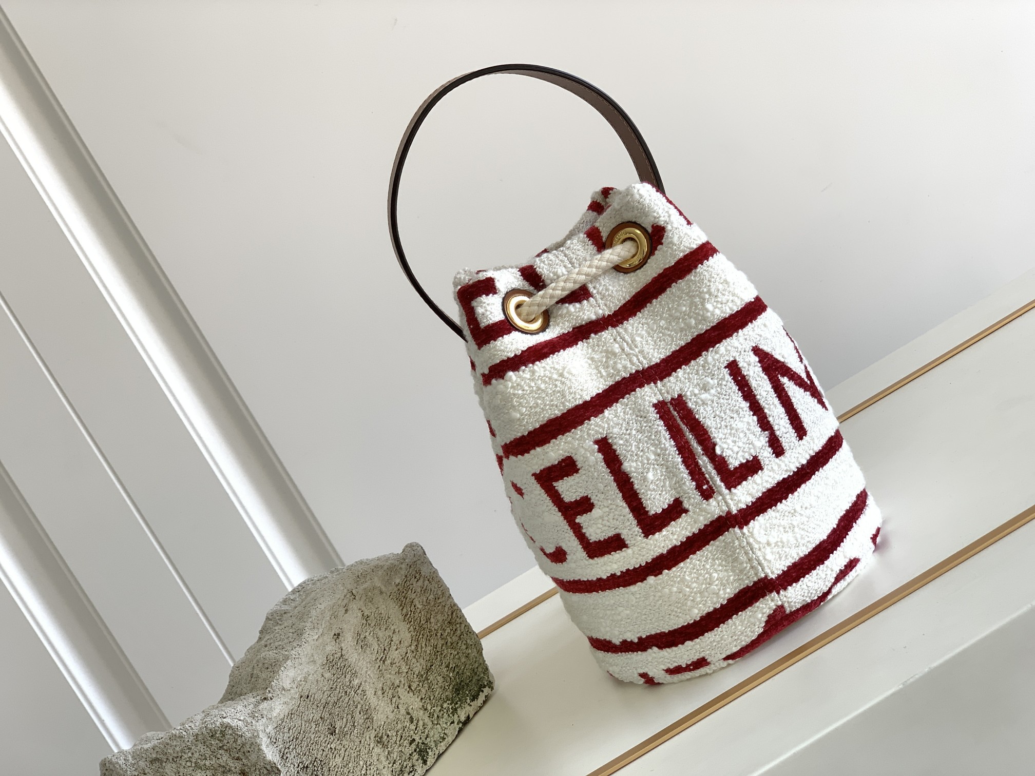 Celine Teen Drawstring In Textile With Celine All-Over White/Red For Women 7in/19cm - Soul Replicas