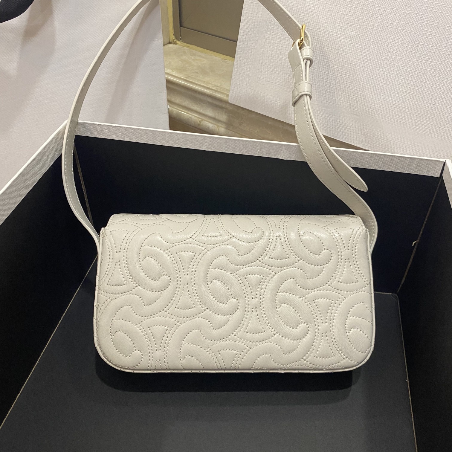 Celine Triomphe Shoulder Bag In Quilted Triomphe Lambskin White For Women 8in/20cm 194143EF4.01BC - Soul Replicas