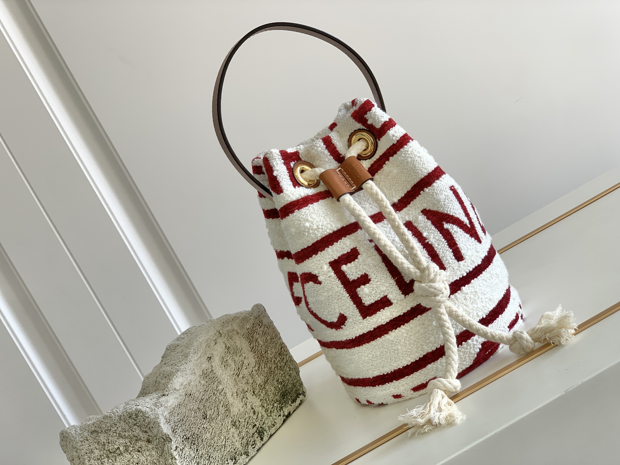 Celine Teen Drawstring In Textile With Celine All-Over White/Red For Women 7in/19cm - Soul Replicas