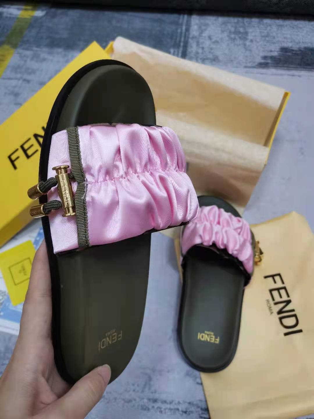 Fendi Feel Pink Satin Slides For Women - Soul Replicas