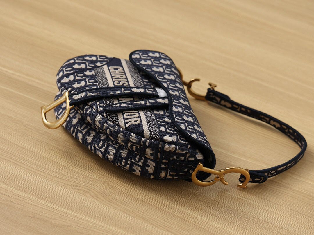 Christian Dior Logo Saddle Bag Oblique Embroidered Canvas Blue/Beige For Women 25cm/10in CD - Soul Replicas