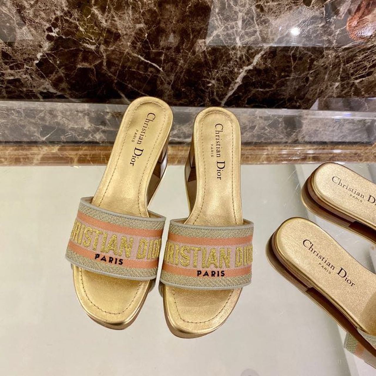 Christian Dior Dway Heeled Slide Gold-Tone Cotton Embroidered With Metallic Thread And Strass Gold For Women CD - Soul Replicas