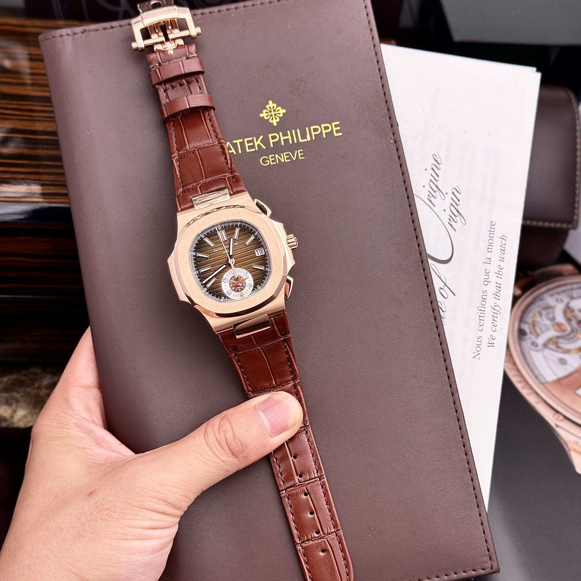 Patek Philippe Replica Watch Nautilus 5980 Brown Dial Leather Strap 40mm - Soul Replicas