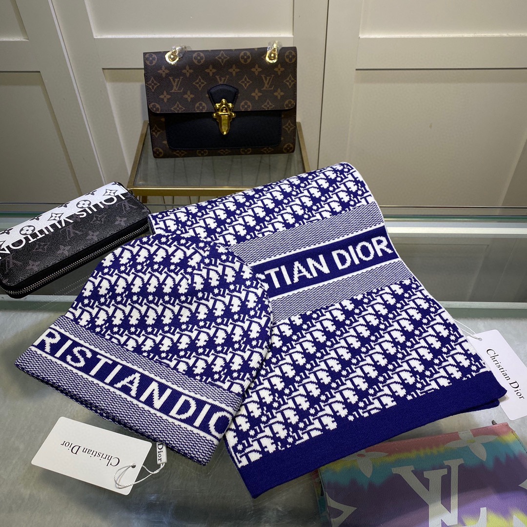 Dior Pompom Beanie & Scarf Set In Blue - Soul Replicas