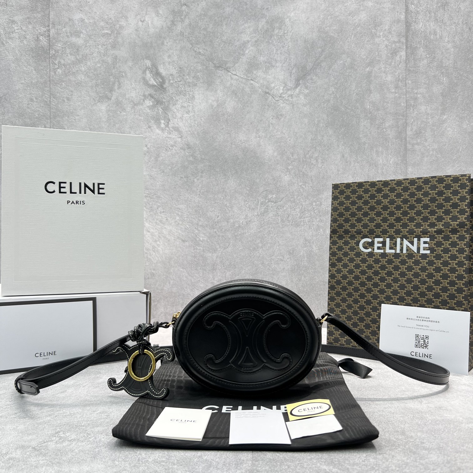 Celine Crossbody Oval Purse Cuir Triomphe Black For Women 6in/16cm 10I703DPQ.38NO - Soul Replicas
