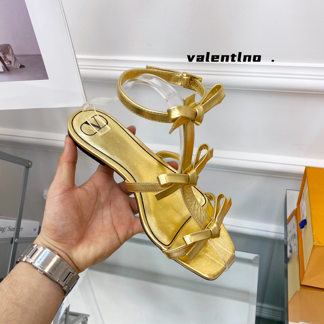 Valentino Garavani Bow-Detail Multi-Strap Flat Sandals Gold For Women WS0CI8CCC - Soul Replicas