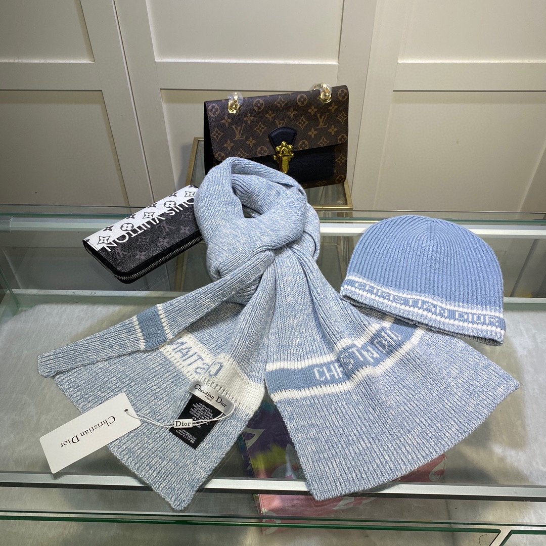 Dior Pompom Beanie & Scarf Set In Blue - Soul Replicas