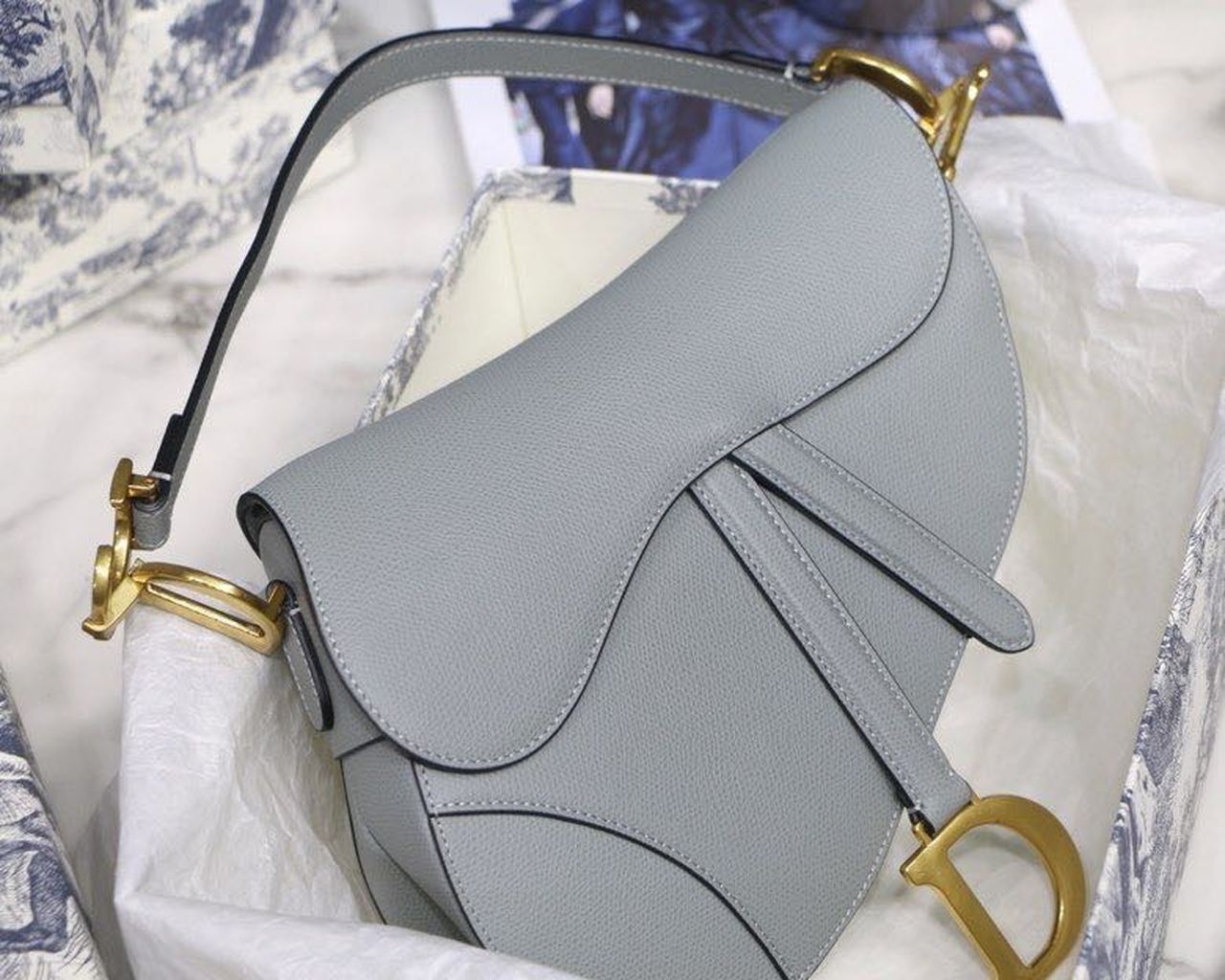 Christian Dior Saddle Bag Light Blue Grained Gold Toned Hardware For Women 25cm/10in CD - Soul Replicas