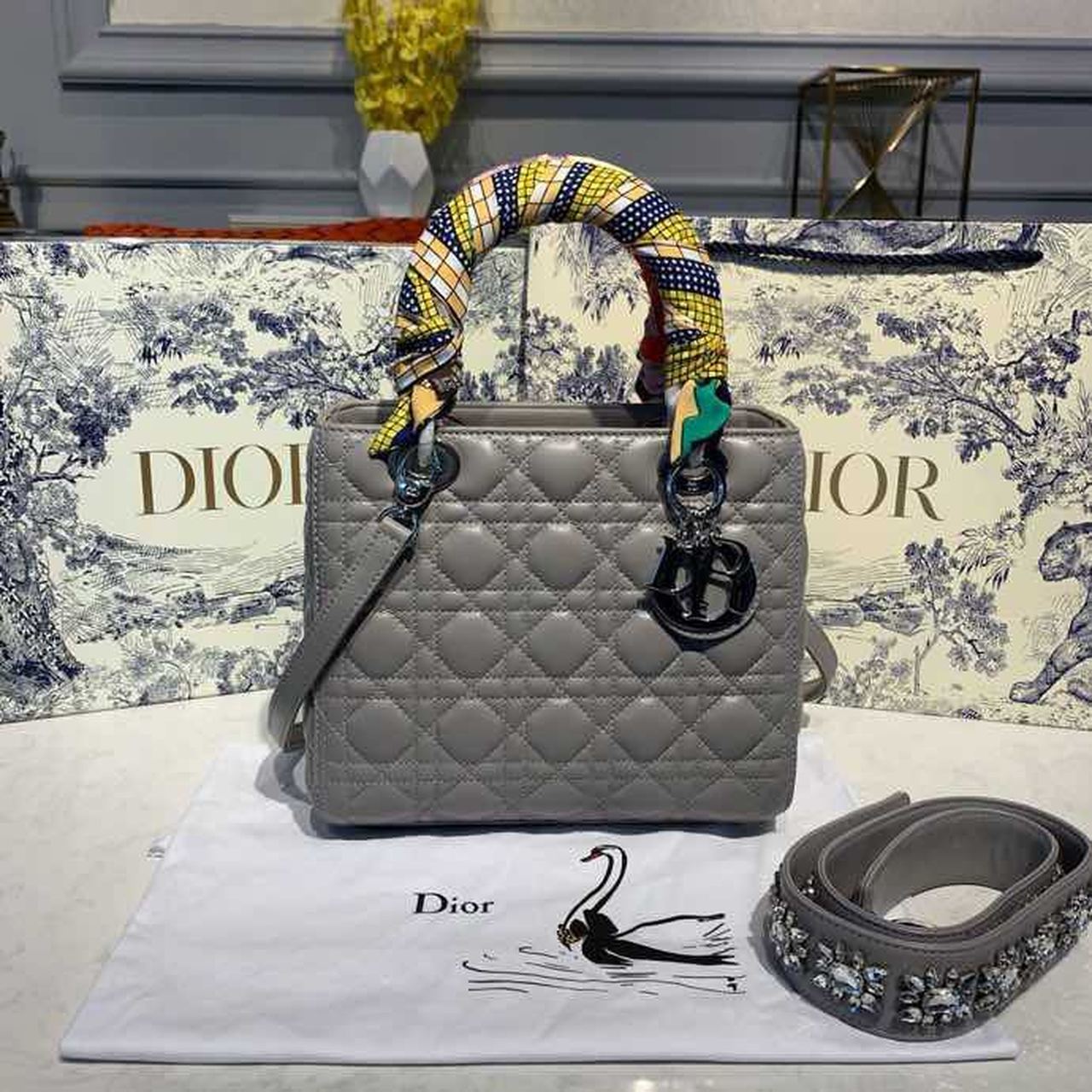 Christian Dior Medium Lady Dior Bag Silver Hardware with Embellished Bag Strap Grey For Women 9.5in/24cm CD - Soul Replicas