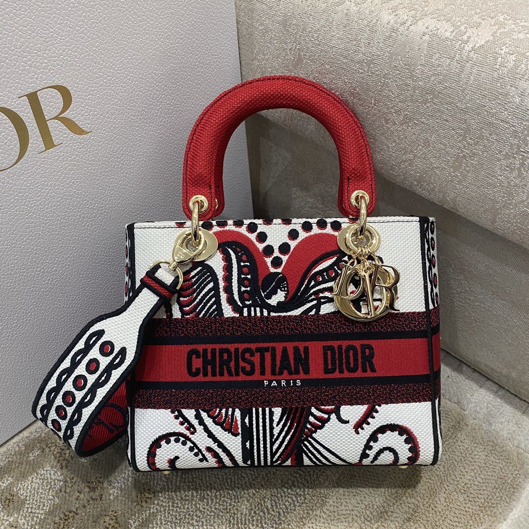 Christian Dior Medium Lady D-Lite Bag Multicolor Cupidon Embroidery. Red/Latte. For Women Women-s Handbags. 24cm CD M0565OTQG_M941 - Soul Replicas