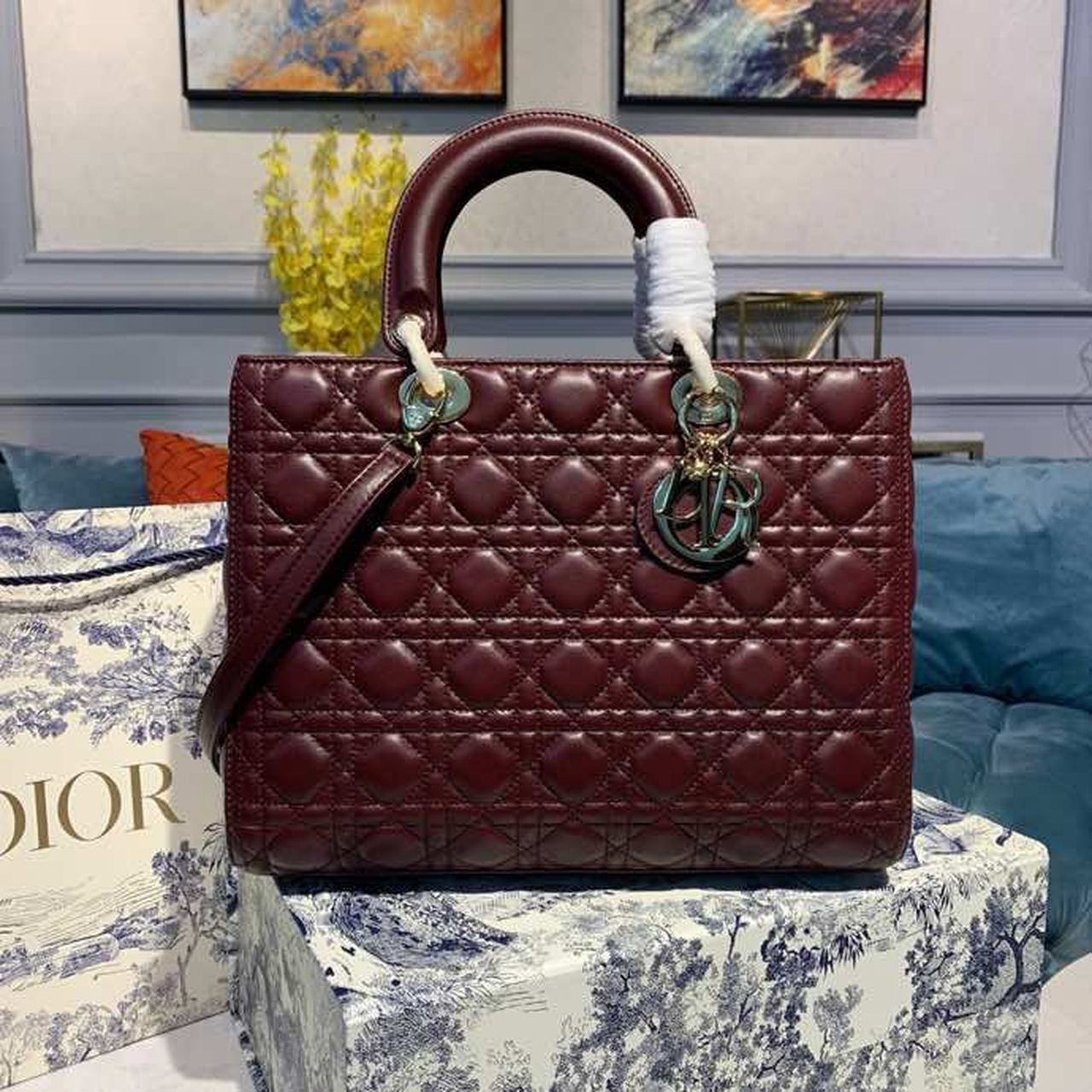 Christian Dior Large Lady Dior Bag Gold Toned Hardware Burgundy Cannage For Women 12.5in/32cm CD - Soul Replicas