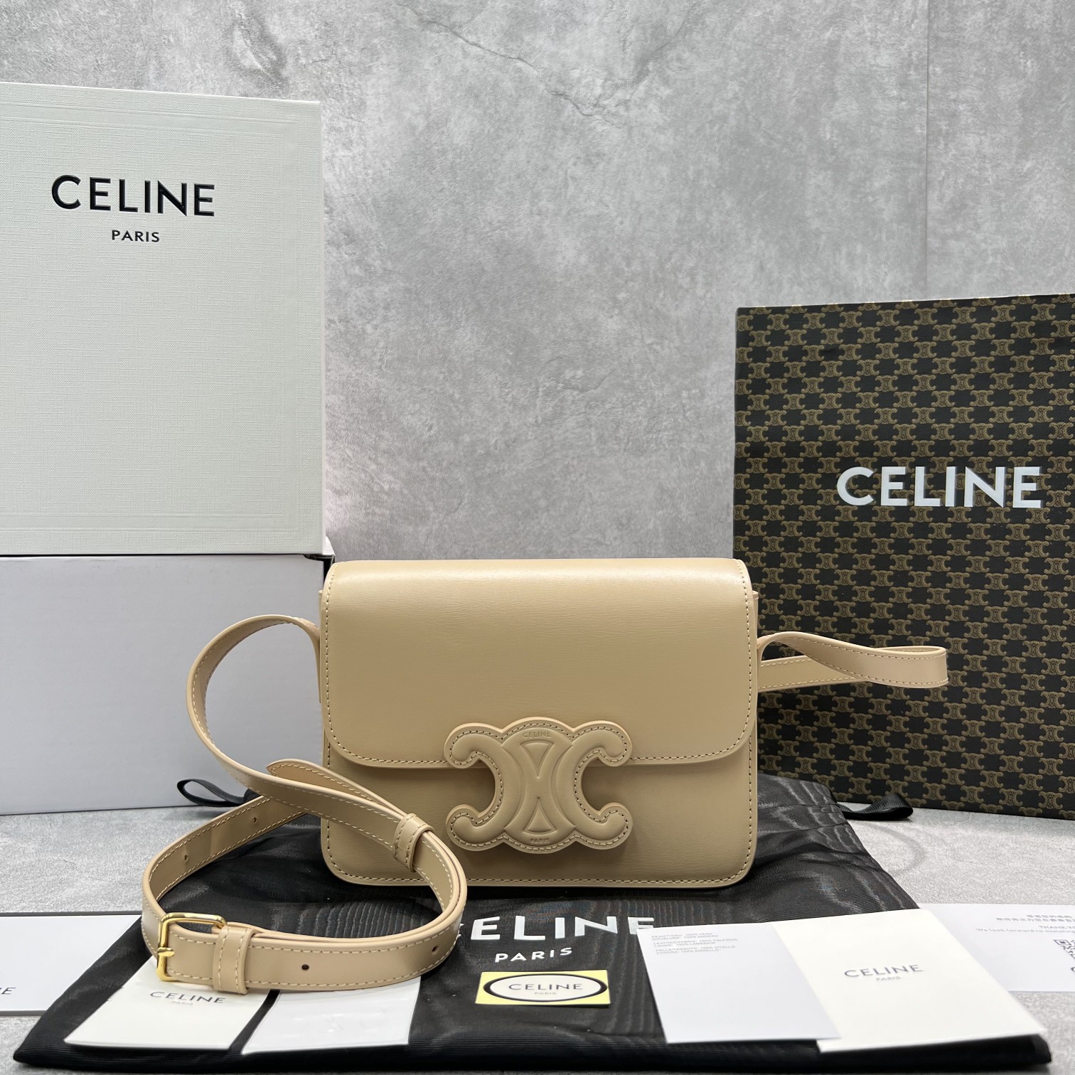 Celine Classique Cuir Triomphe Bag Beige For Women 9in/22cm - Soul Replicas