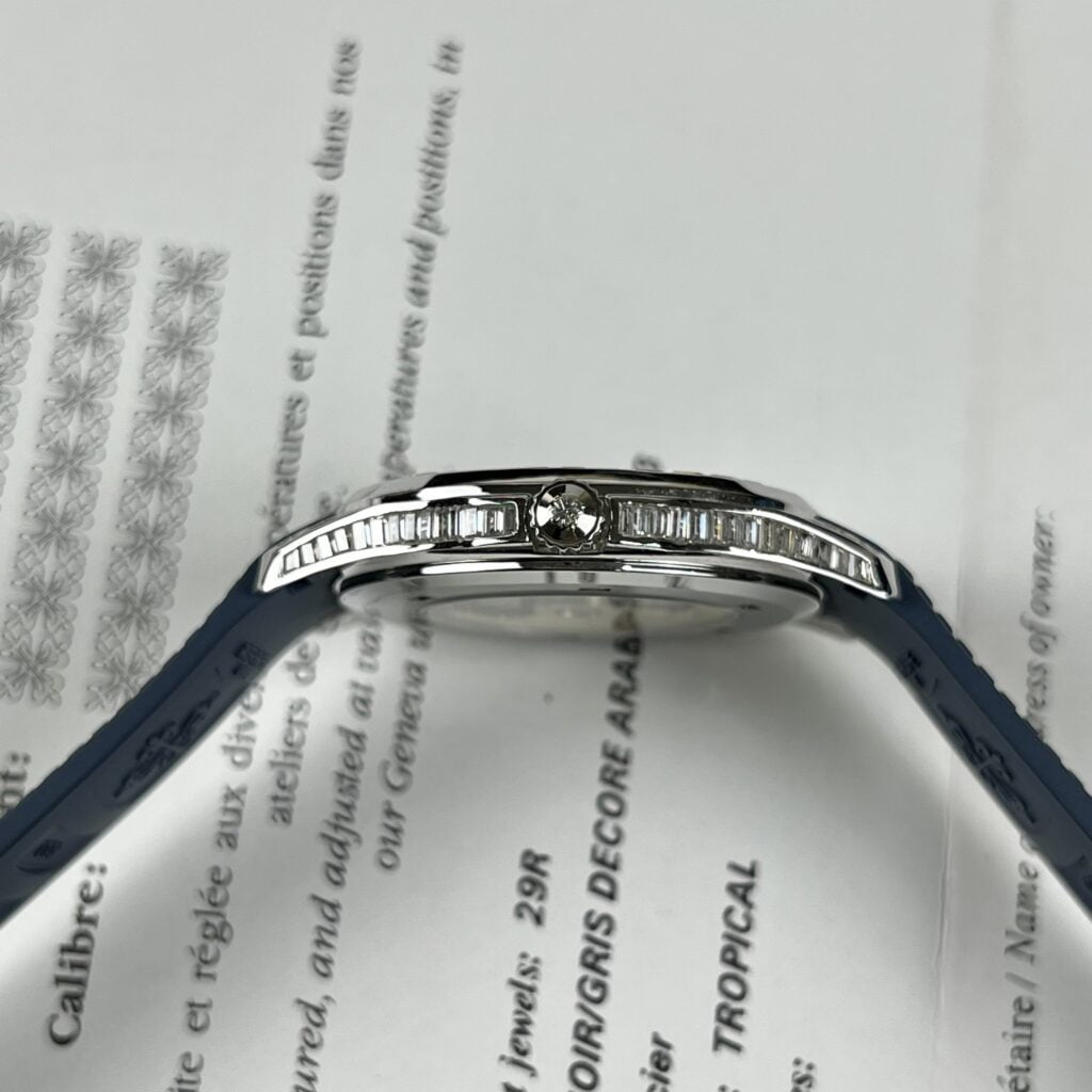 Patek Philippe Replica Watch Aquanaut 5168G Custom Moissanite Baguette Diamonds Blue Dial 42.2mm - Soul Replicas