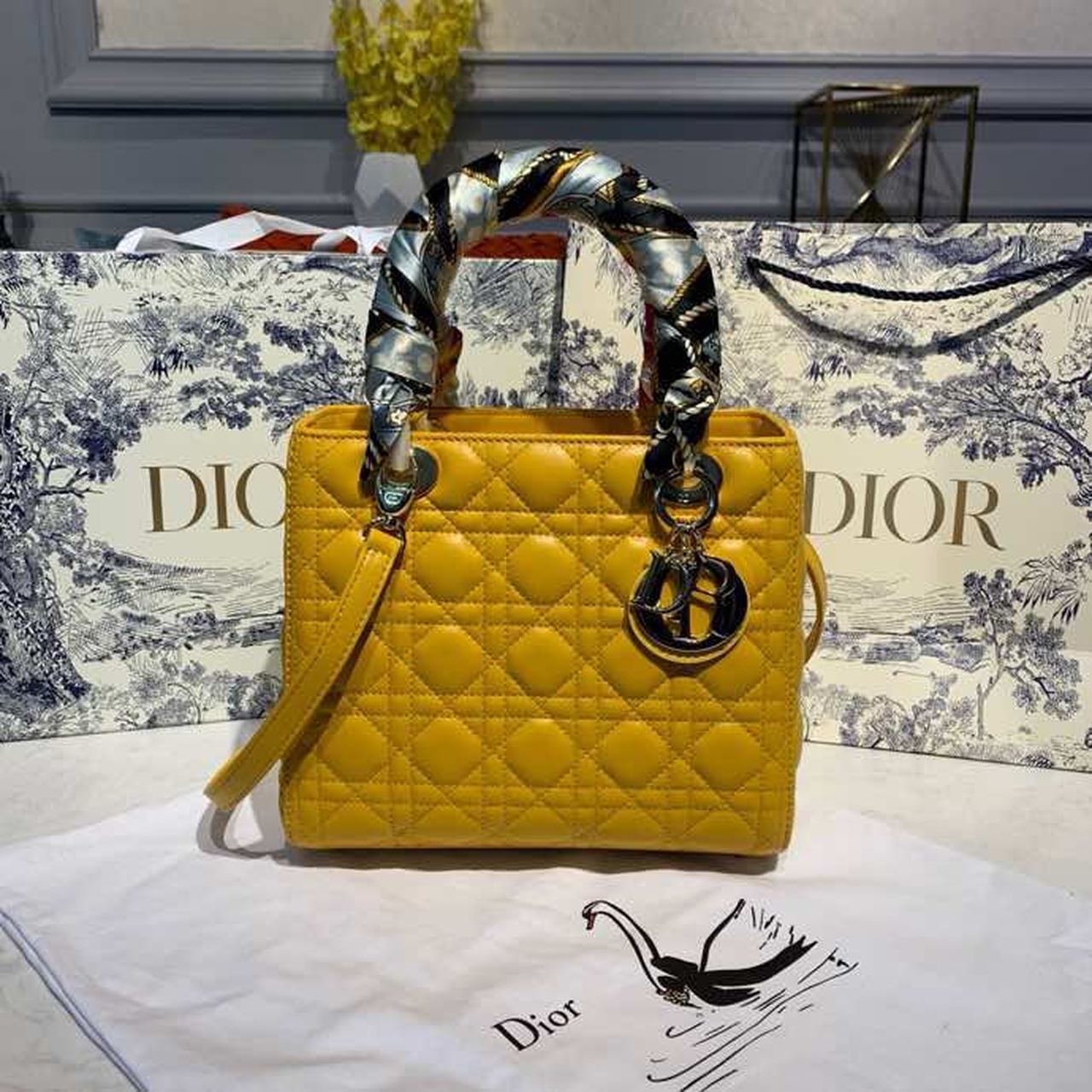 Christian Dior Medium Lady Dior Bag Silver Hardware Yellow For Women 9.5in/24cm CD - Soul Replicas