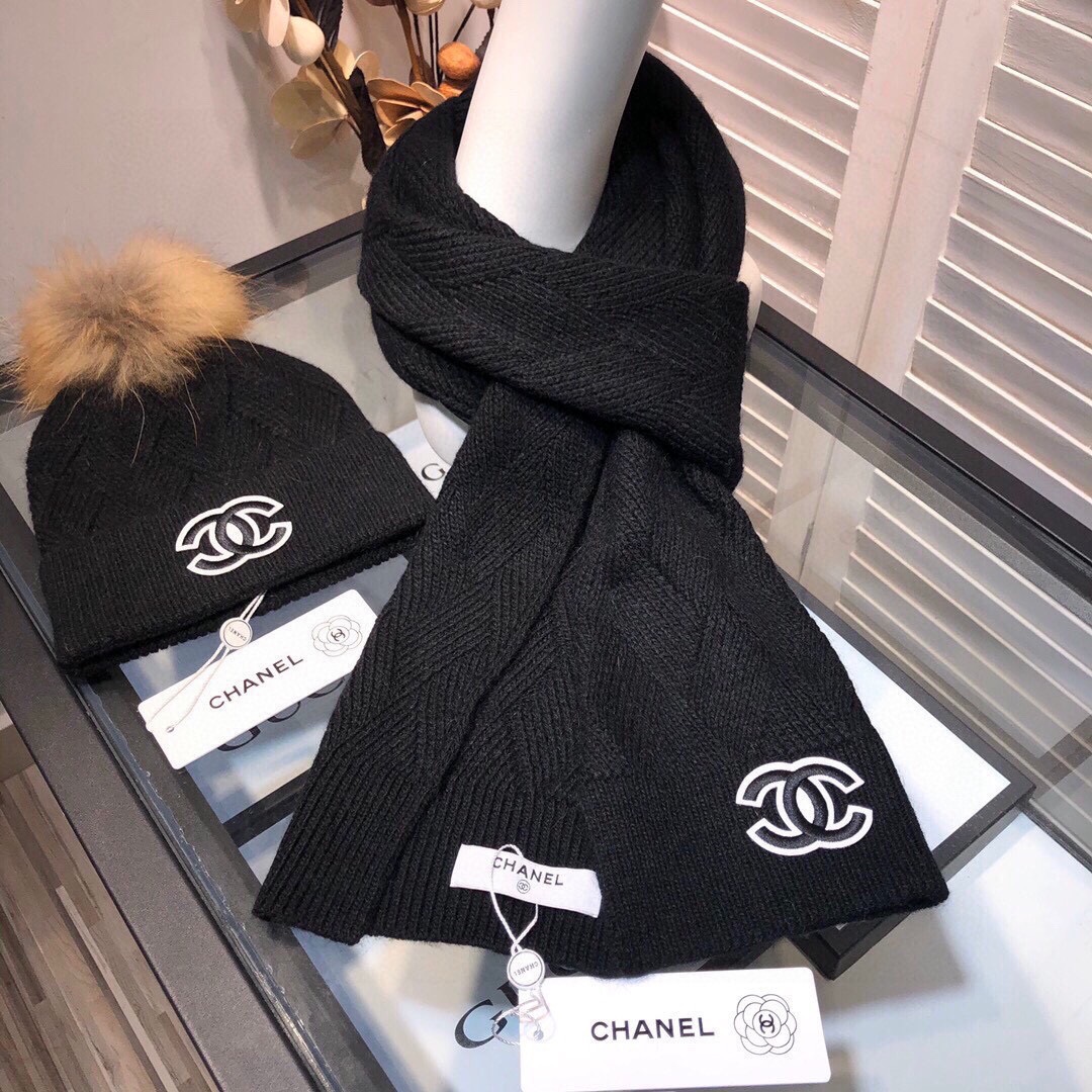 Chanel Beanie & Scarf Set In Black - Soul Replicas