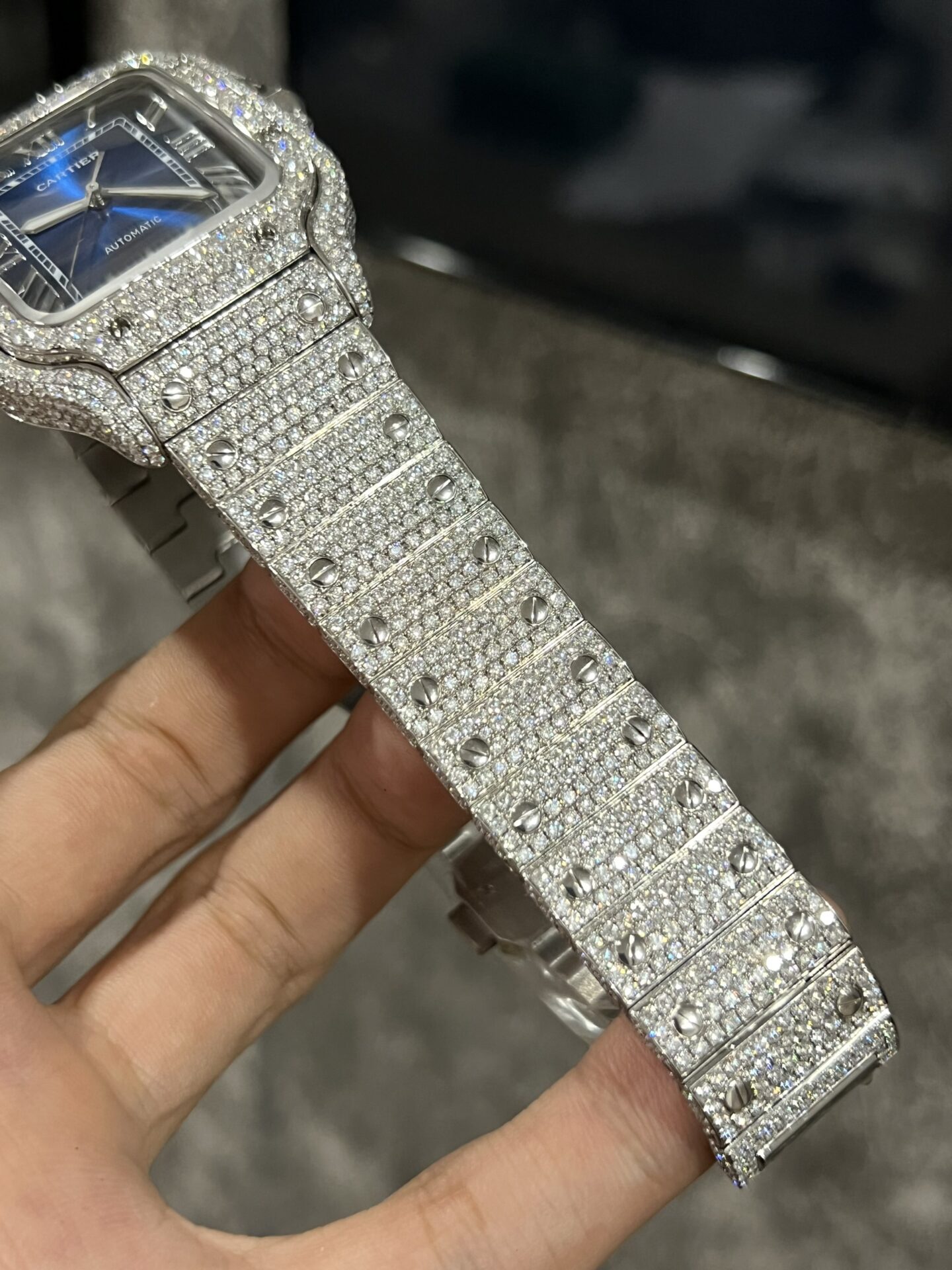 Cartier Santos Best Replica Watch Custom Moissanite Diamonds Blue Dial 39.8mm - Soul Replicas