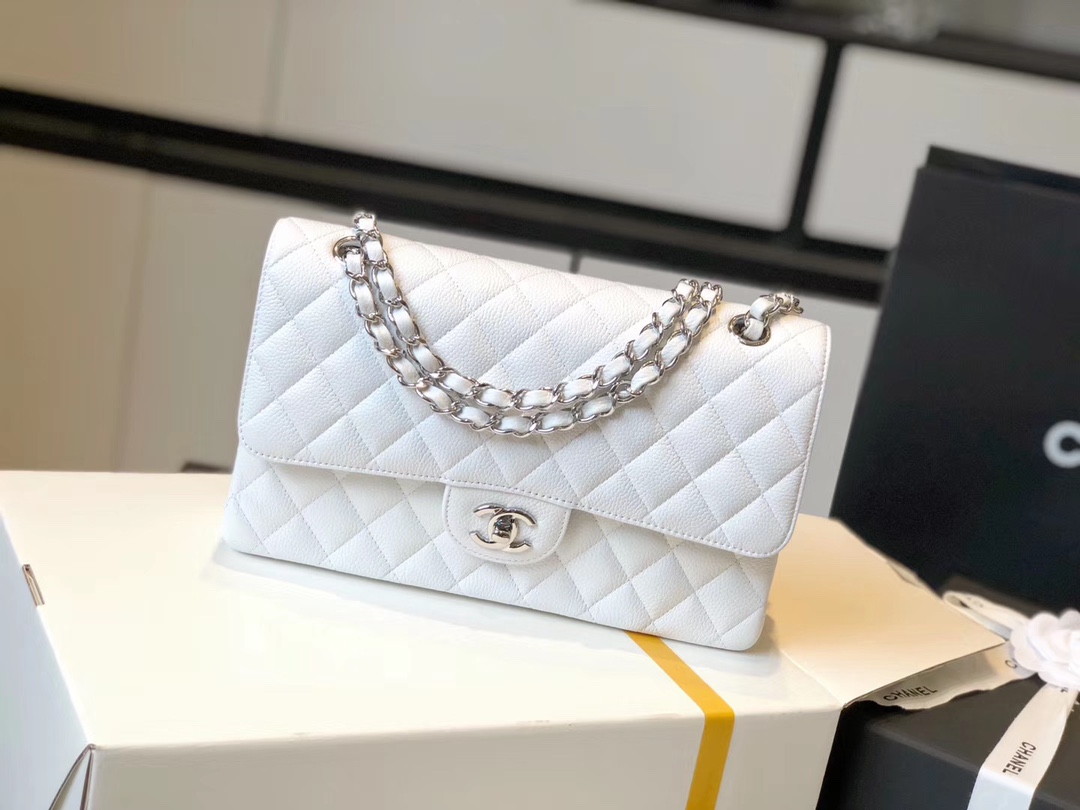 Chanel Classic Medium Flapbag Silver Hardware White 10in/25.5cm - Soul Replicas