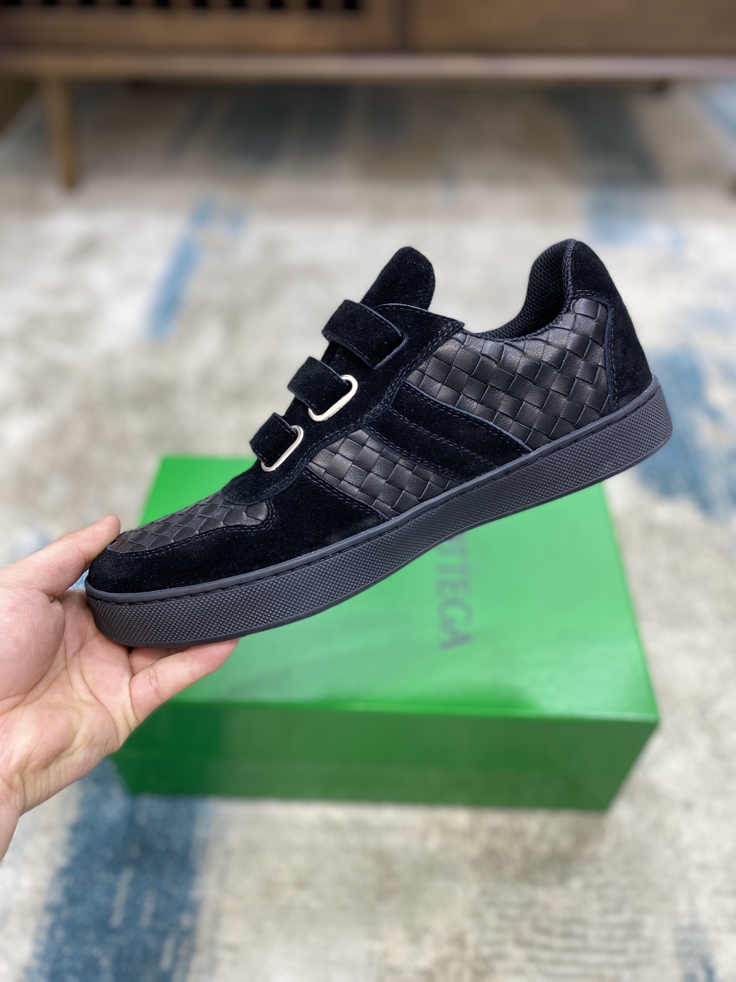 Bottega Veneta Men's Three Closure Straps With Wave Line Sneakers Black For Men - Soul Replicas