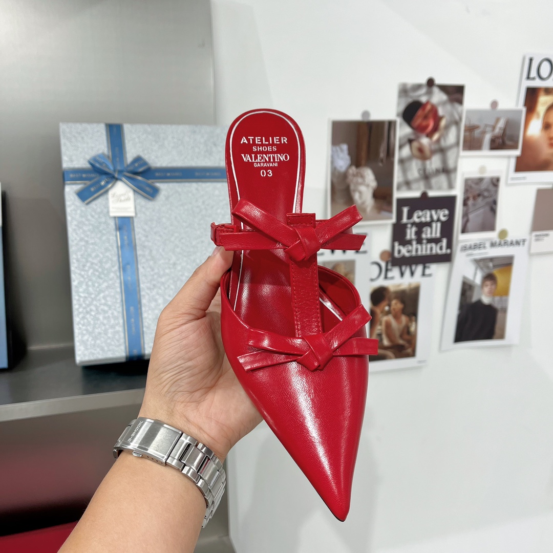 Valentino Garavani Ribbon Strap Stiletto Mule Slipper Red For Women T024HL146 - Soul Replicas