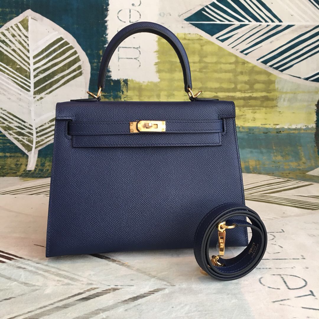 Hermes Kelly 28 Bleu Cherve Bag With Gold Toned Harware For Women. Women-s Handbags. Shoulder Bags 11in/28cm - Soul Replicas
