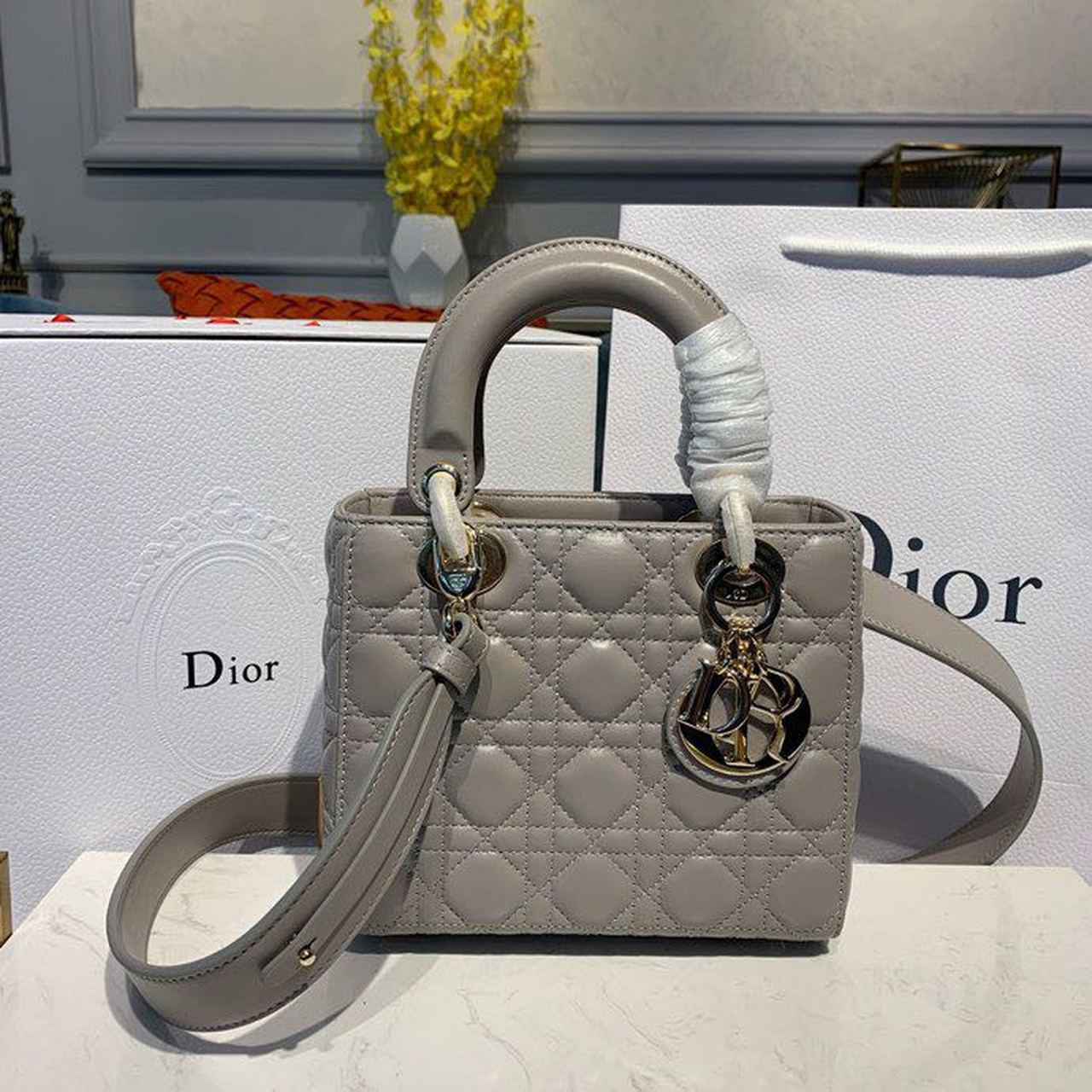 Christian Dior Small Lady Dior Bag Gold Toned Hardware Light Gray For Women 8in/20cm CD - Soul Replicas