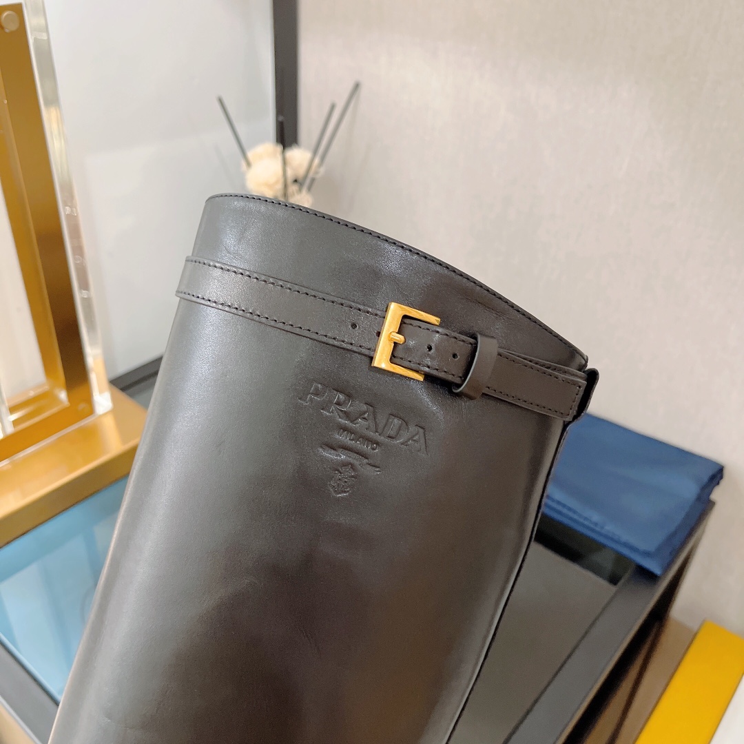 Prada 30 Logo-Embossed Knee Boots Black For Women Prada  - Soul Replicas
