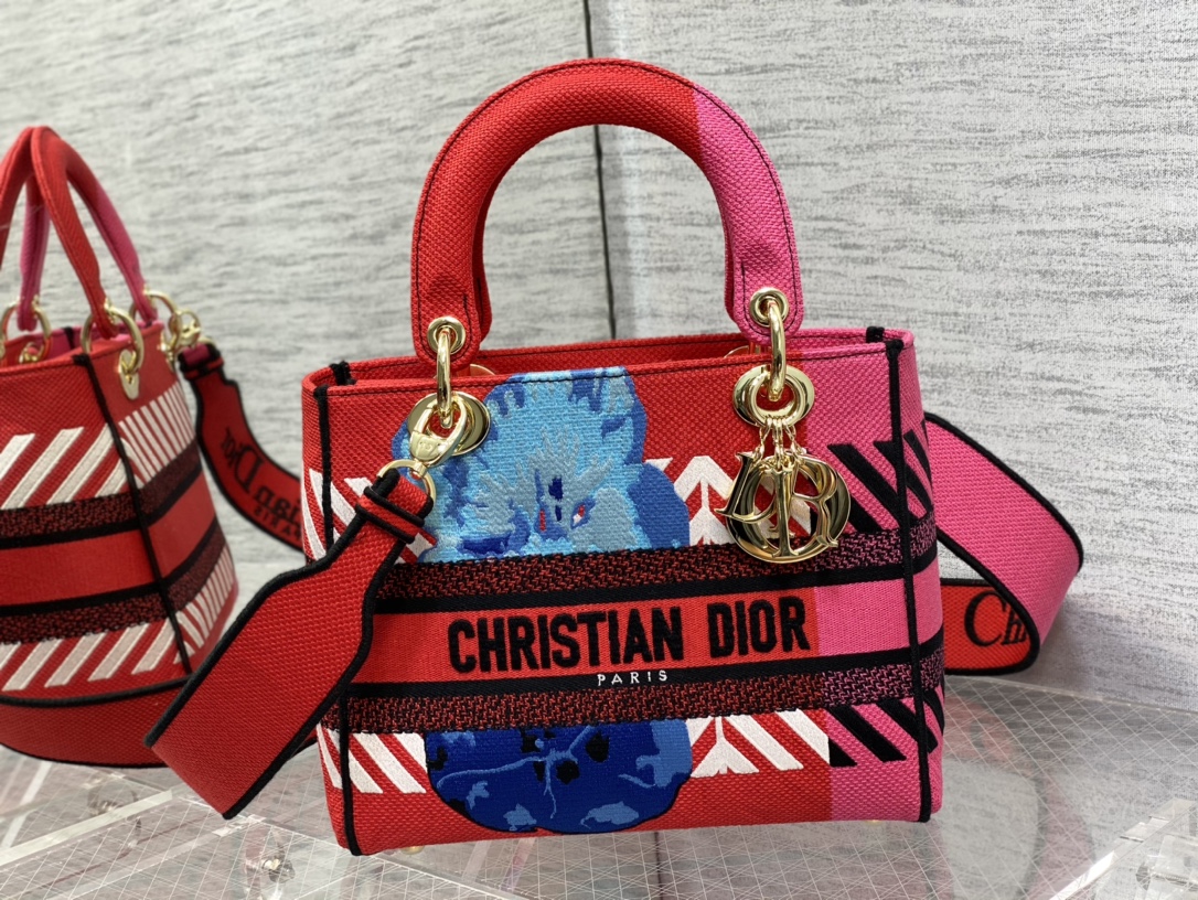 Christian Dior Medium Lady D-Lite Bag D-Flower Pop Embroidery. Bright Pink Multicolor. For Women Women-s Handbags. 24cm CD M0565OROO_M885 - Soul Replicas