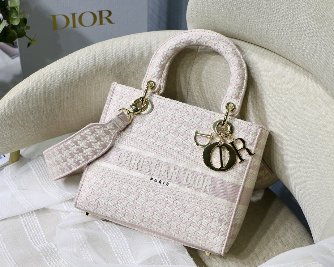 Christian Dior Medium Lady D-Lite Bag Houndstooth Embroidery. Pink/White. For Women Women's Handbags. Shoulder Bags. Crossbody Bags. 24cm CD - Soul Replicas