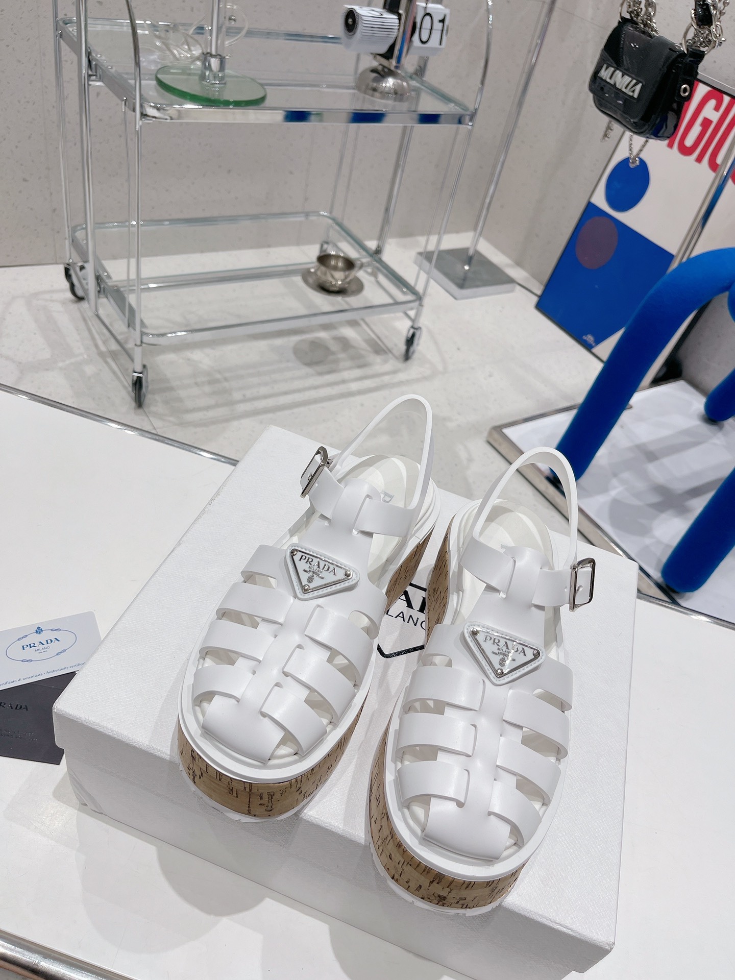 Prada Rubber Wedge Platform Sandals White For Women 2.9in/75mm Prada 1X853M_3LLP_F0009_F_B075 - Soul Replicas