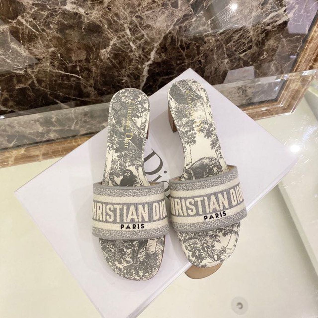 Christian Dior Dway Heeled Slide Gray Toile De Jouy Embroidered Cotton Gray For Women CD KCQ244TJE_S21G - Soul Replicas