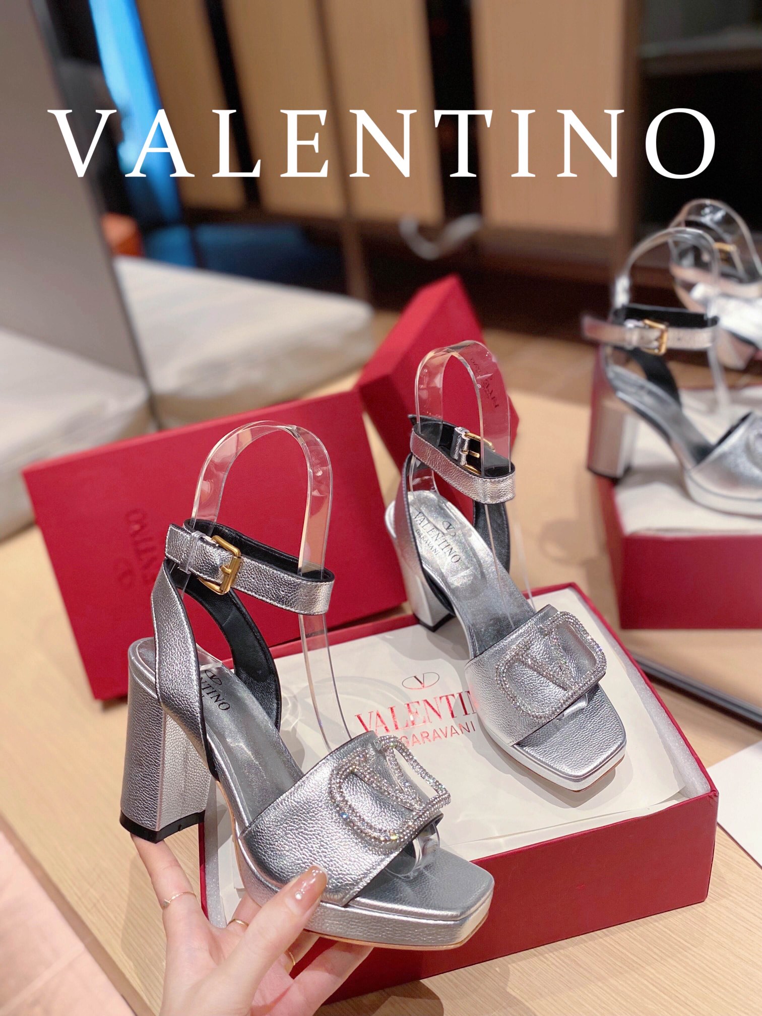 Valentino Garavani Strap Heeled Sandals With V Logo Crystal Embellishment Silver For Women - Soul Replicas