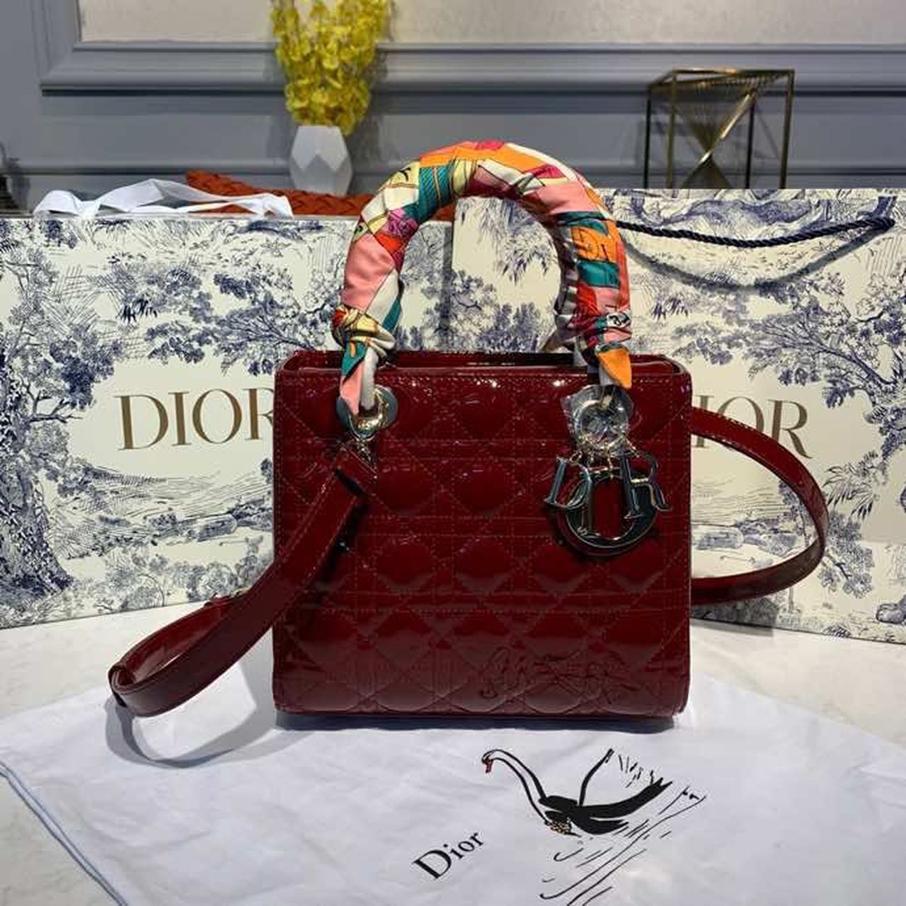Christian Dior Medium Lady Dior Bag Gold Toned Hardware Burgundy Patent For Women 9.5in/24cm CD - Soul Replicas